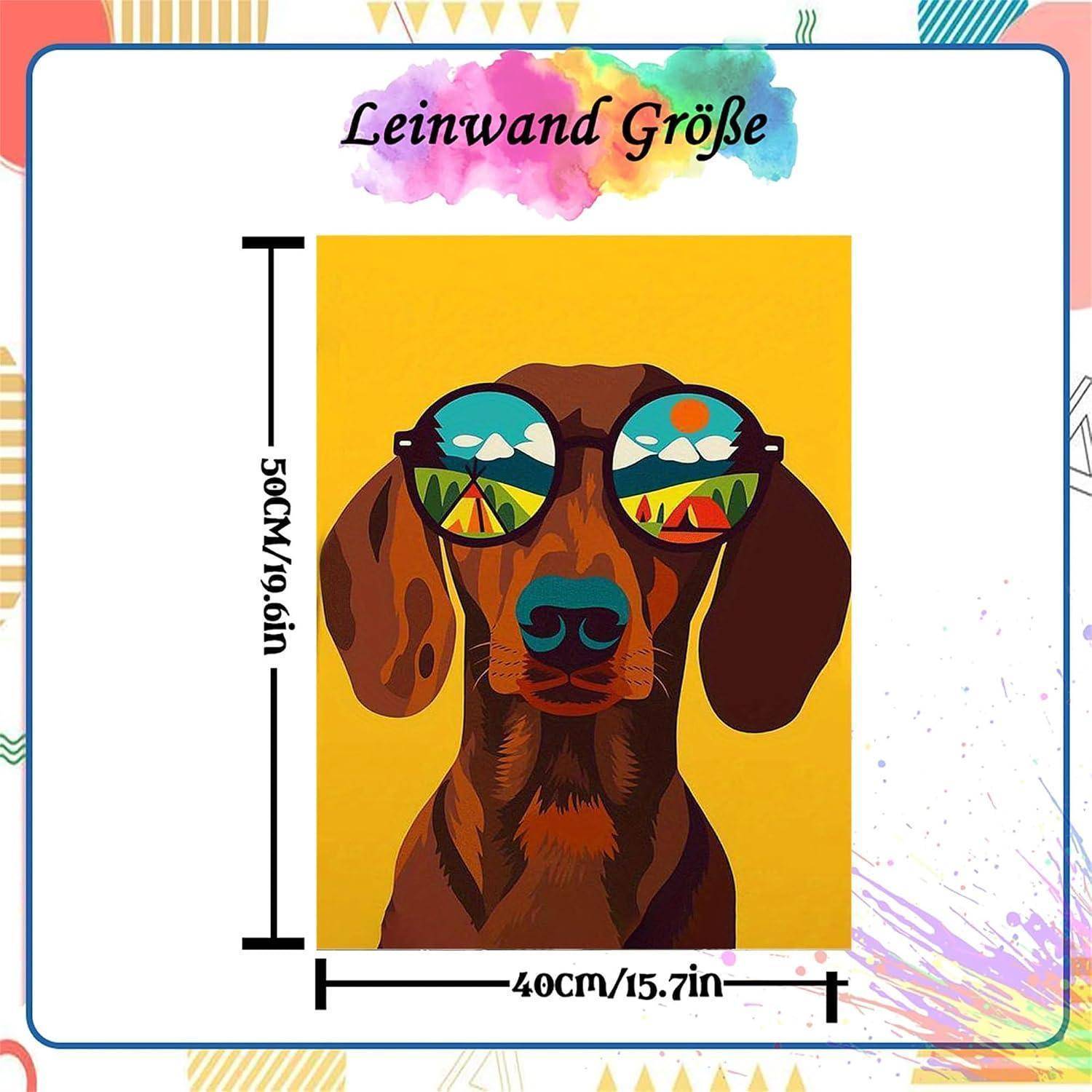 Größentabelle für einen Kunstdruck auf Leinwand mit einem Hund in Sonnenbrille, mit einer Höhe von 50 cm/19,6 Zoll und einer Breite von 40 cm/15,7 Zoll.