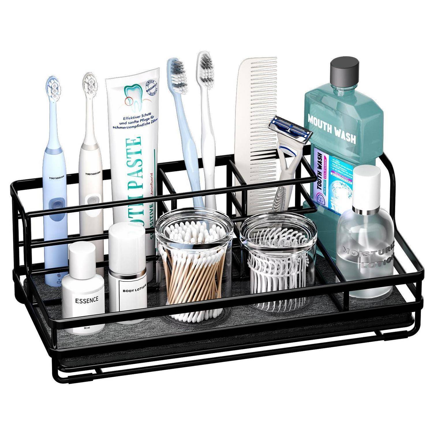 Badezimmer-Arbeitsplatte-Organizer mit zwei elektrischen Zahnbürsten, Zahnpasta, Kamm, Mundwasser, Rasierer, Wattestäbchen und kleinen Toilettenartikeln.