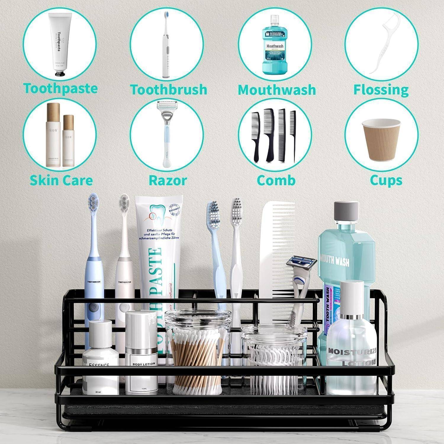 Badezimmer-Arbeitsplatte-Organizer mit beschrifteten Fächern für Zahnpasta, Zahnbürste, Mundwasser, Zahnseide, Hautpflege, Rasierer, Kamm und Becher zum Aufbewahren von Toilettenartikeln und Bechern.