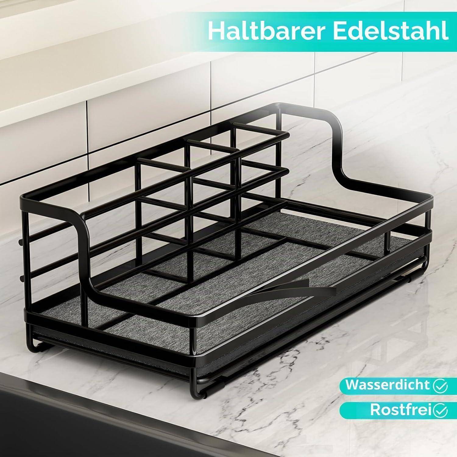 Schwarzer Edelstahl-Spülenorganizer mit Abtropfschale, auf einer Arbeitsplatte gezeigt; der Text hebt „Haltbarer Edelstahl