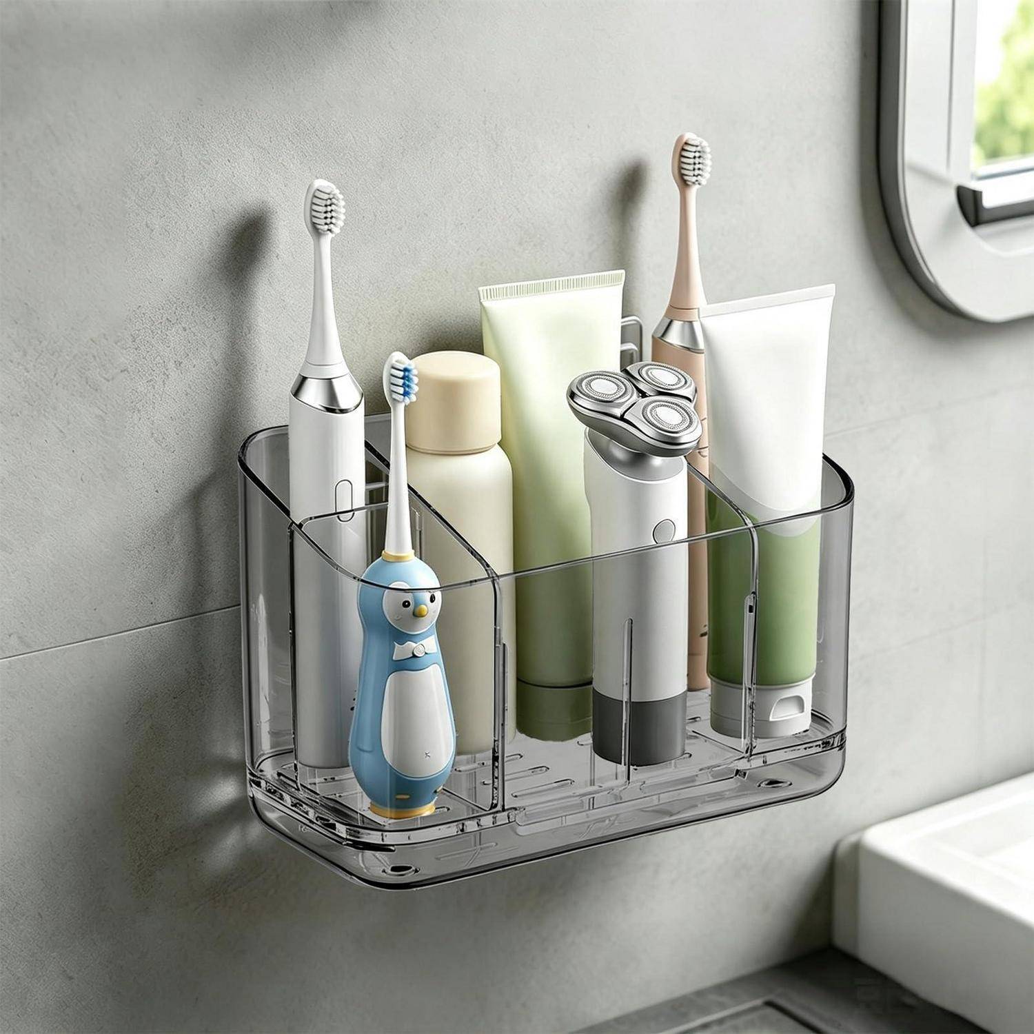 An der Wand montierter Badezimmerorganizer, der zwei elektrische Zahnbürsten, eine Kinderzahnbürste, einen Rasierer und Zahnpastatuben in der Nähe eines Waschbeckens hält.