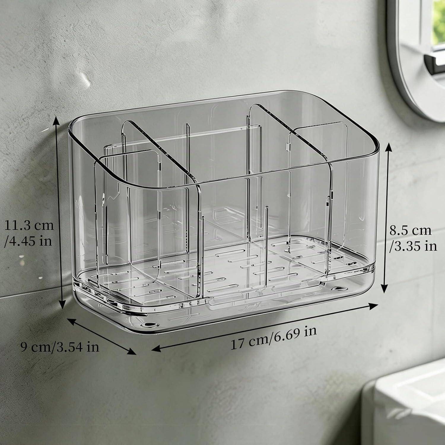 Durchsichtiger Kunststoff-Arbeitsplatzorganizer mit 4 Fächern; Abmessungen wie abgebildet: 17 cm breit, 11,3 cm hoch, 9 cm tief und 8,5 cm interne Höhe.