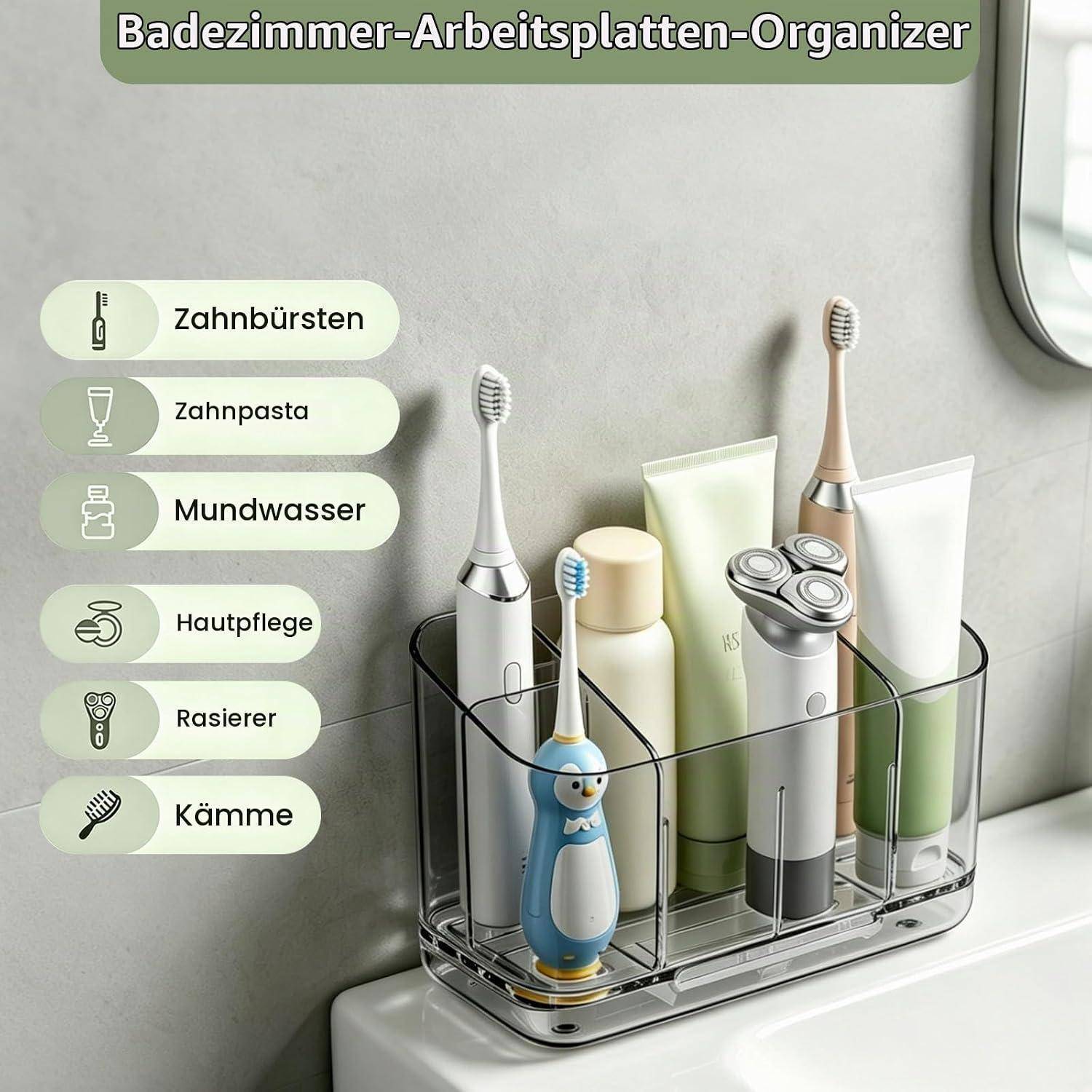 Badezimmer-Arbeitsplattenorganizer mit Zahnbürsten, Zahnpasta, Mundwasser, Hautpflege, Rasierer und Kämmen, bezeichnet als Badezimmer-Arbeitsplattenorganizer.