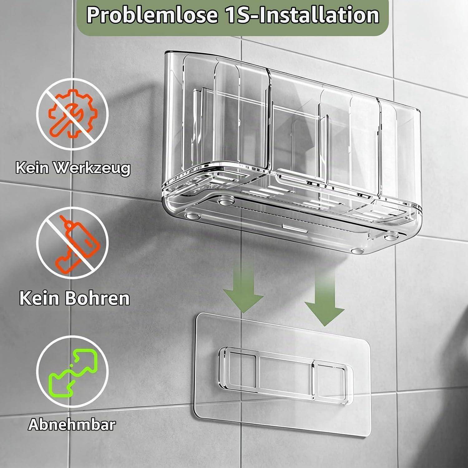 Darstellung eines wandmontierten transparenten Badezimmerregals mit einer werkzeuglosen 1S-Installation auf einer gefliesten Wand, mit Symbolen für werkzeuglos, bohren nicht erforderlich und abnehmbar.