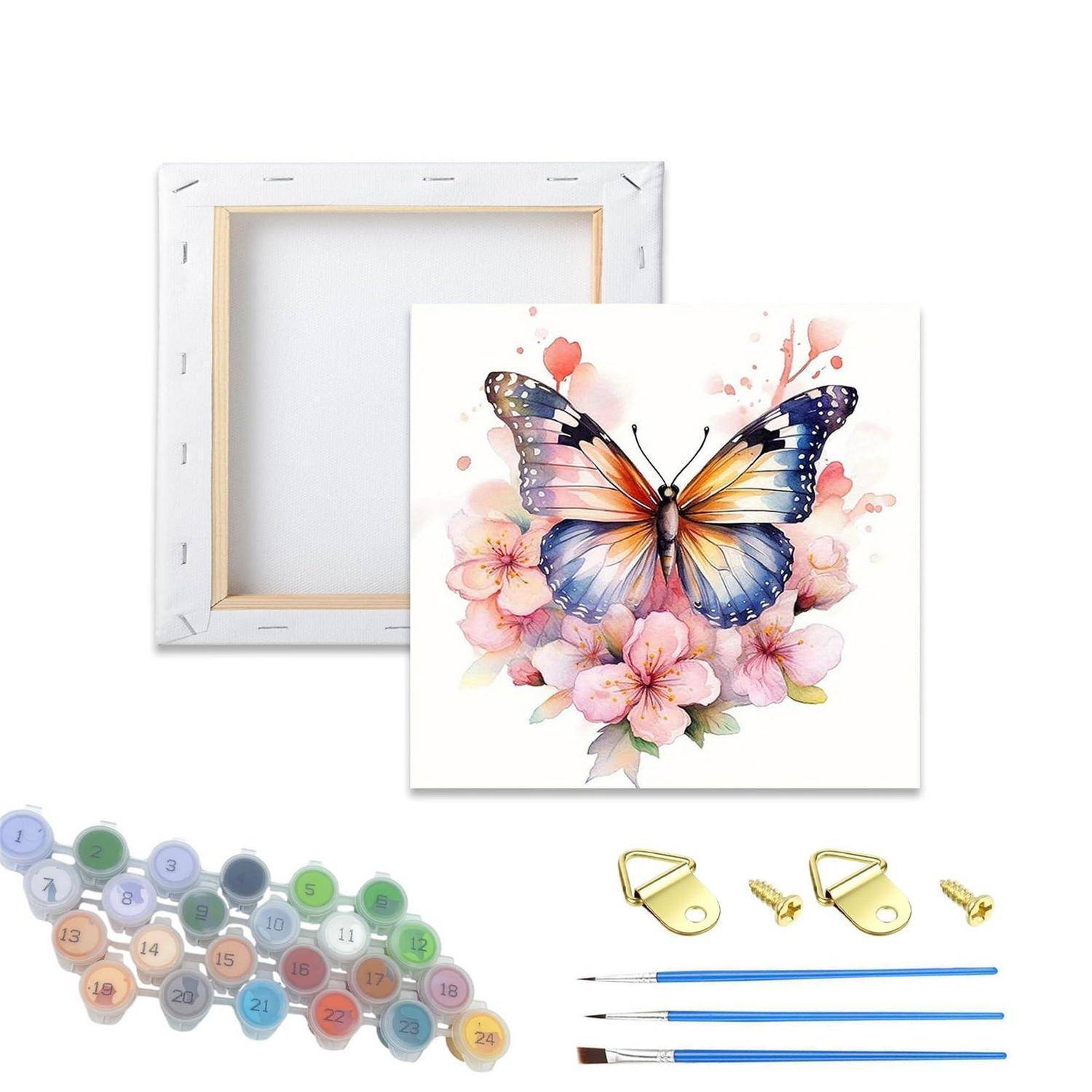 DIY Malen-nach-Zahlen Schmetterlingsleinen mit nummerierten Farben, Pinseln, einem leeren Rahmen und Aufhängehardware.