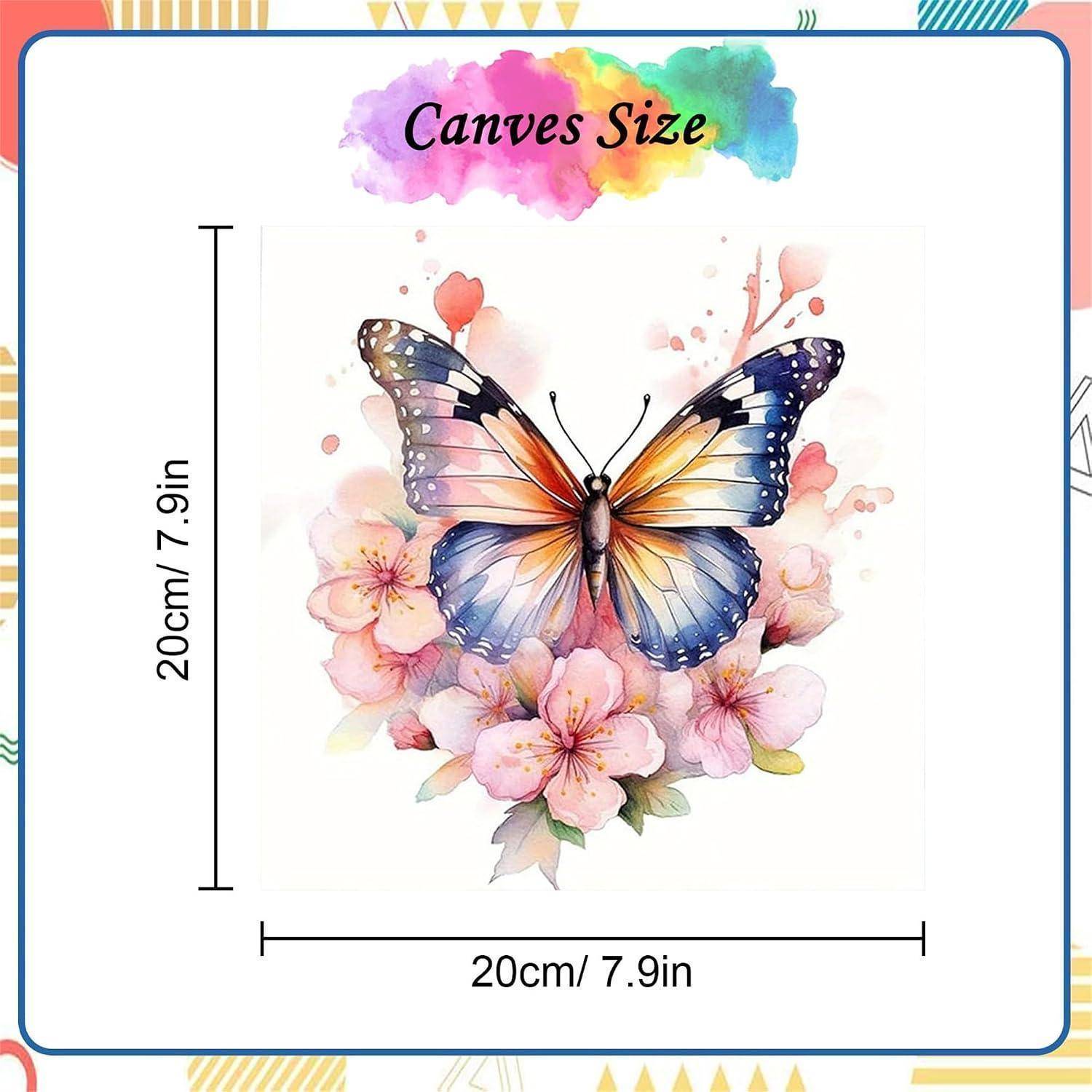 Grafikgröße des Leinwands zeigt einen Schmetterling mit Blumen, beschriftet 20 cm / 7,9 Zoll Höhe und 20 cm / 7,9 Zoll Breite.