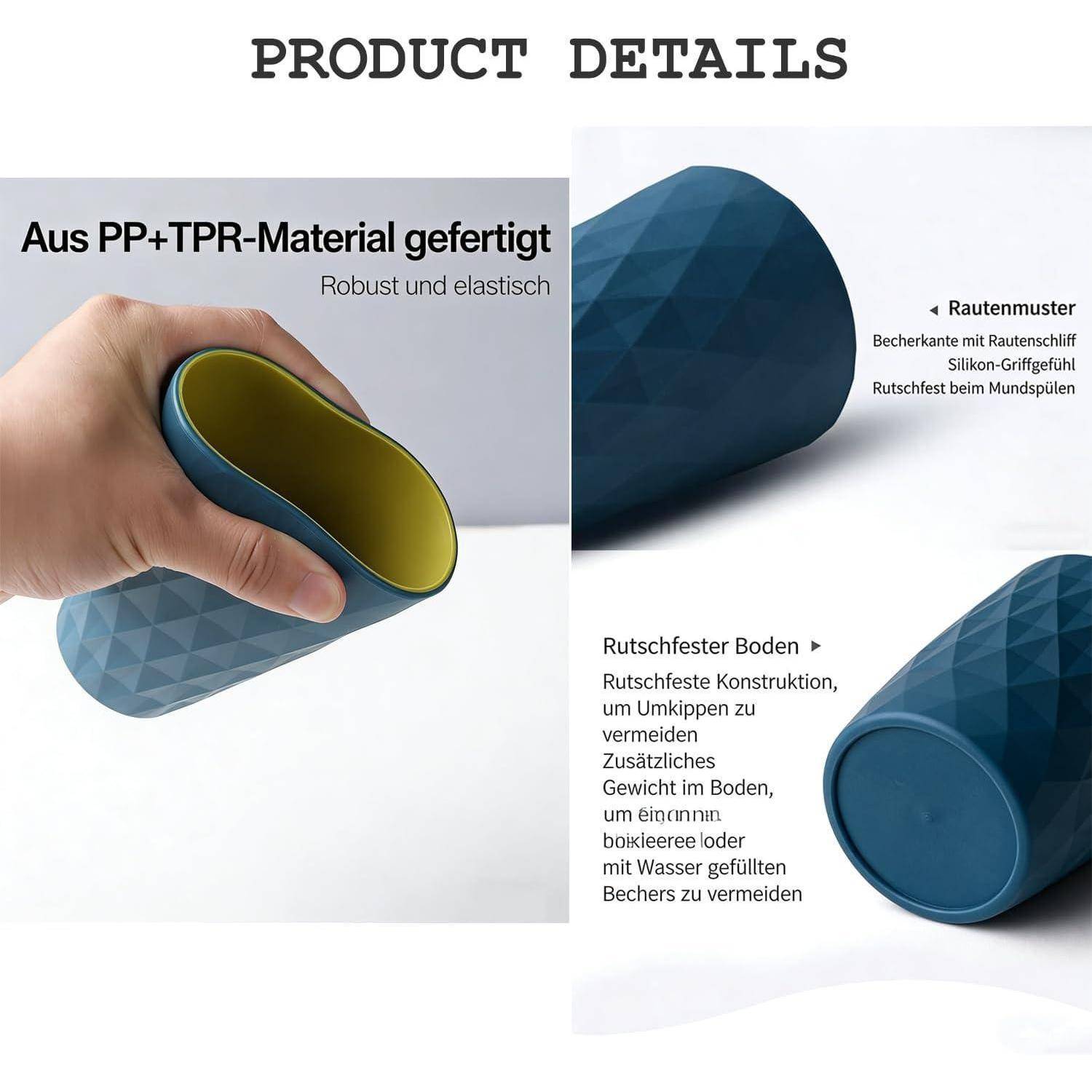 Produktdetailbild, das einen flexiblen blauen Becher aus PP+TPR-Material mit strukturierter, rutschfester, kippfester Auslegung und leicht zu griffigem Griff zeigt.