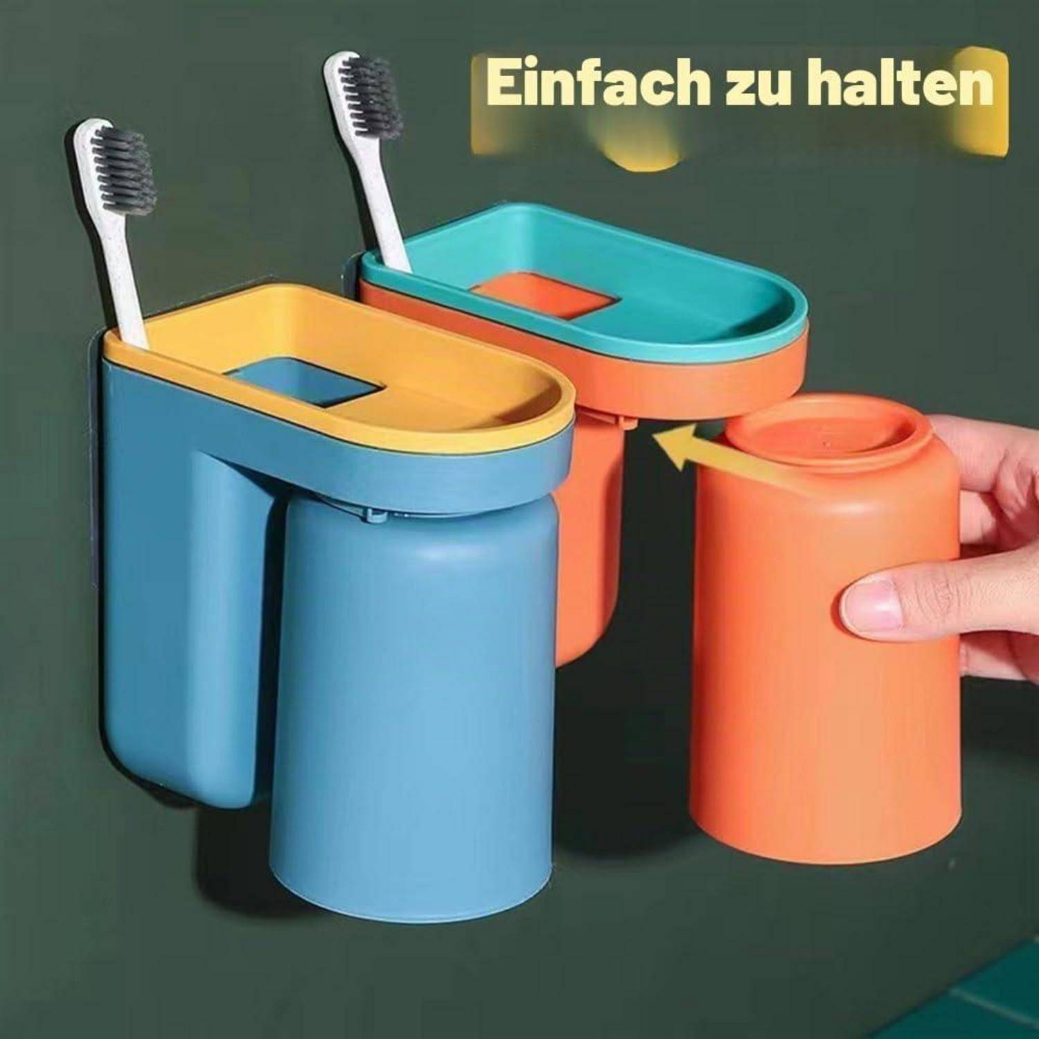 Vier bunte Zahnbürstenhalter mit aufsteckbaren Deckeln, einer wird von einer Hand gehalten; Text sagt „Einfach zu halten
