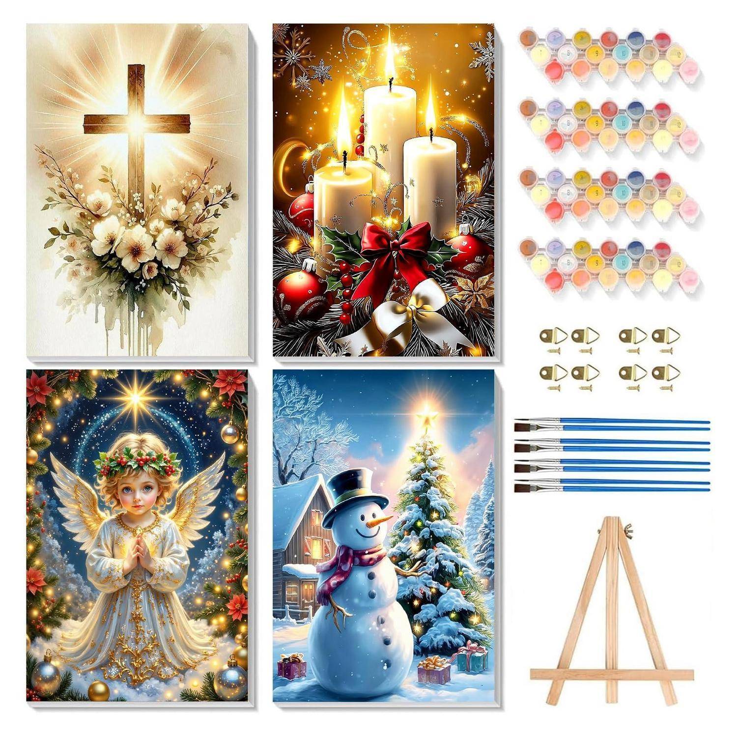 Collage von Weihnachtsbastelbildern: Kreuz mit Blumen, Kerzen mit Christbaumkugeln, Engel und Schneemann; plus Malmittel und Staffelei.
