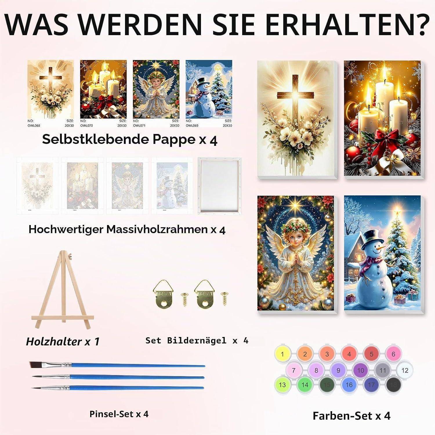 Deutsches Produktbild zeigt, was enthalten ist: 4 selbstklebende bedruckte Blätter, 4 Rahmen aus Massivholz, 1 Holzständer, 4 Bilderrahmen-Nägel, 4 Pinsel und 4 Farbsets mit nummerierten Farbmustern.