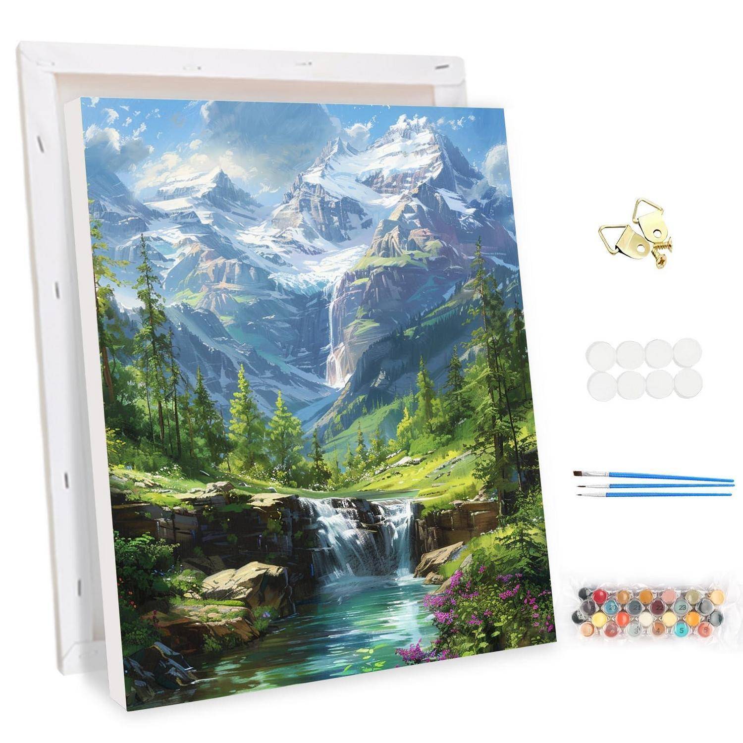 Malen-nach-Zahlen-Landschafts-Set mit einer Bergwasserfallszene auf gespannter Leinwand, mit Farbtöpfen, Pinseln, Haken und Wandaufhängern im Lieferumfang enthalten.
