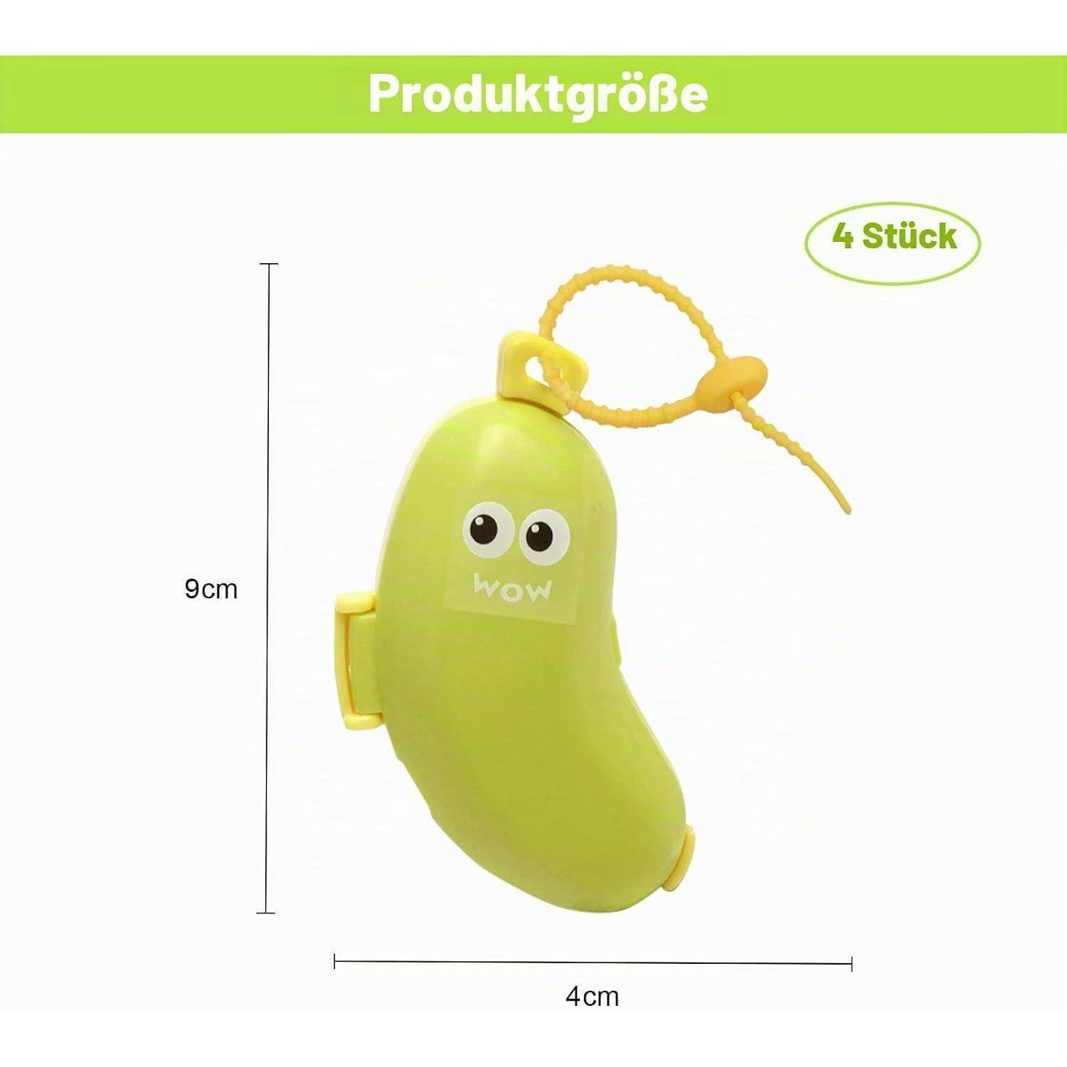 Das Produktgrößendiagramm zeigt ein grünes Spielzeug in Form einer Gurke oder Banane, das 9 cm groß und 4 cm breit ist, mit dem Vermerk 