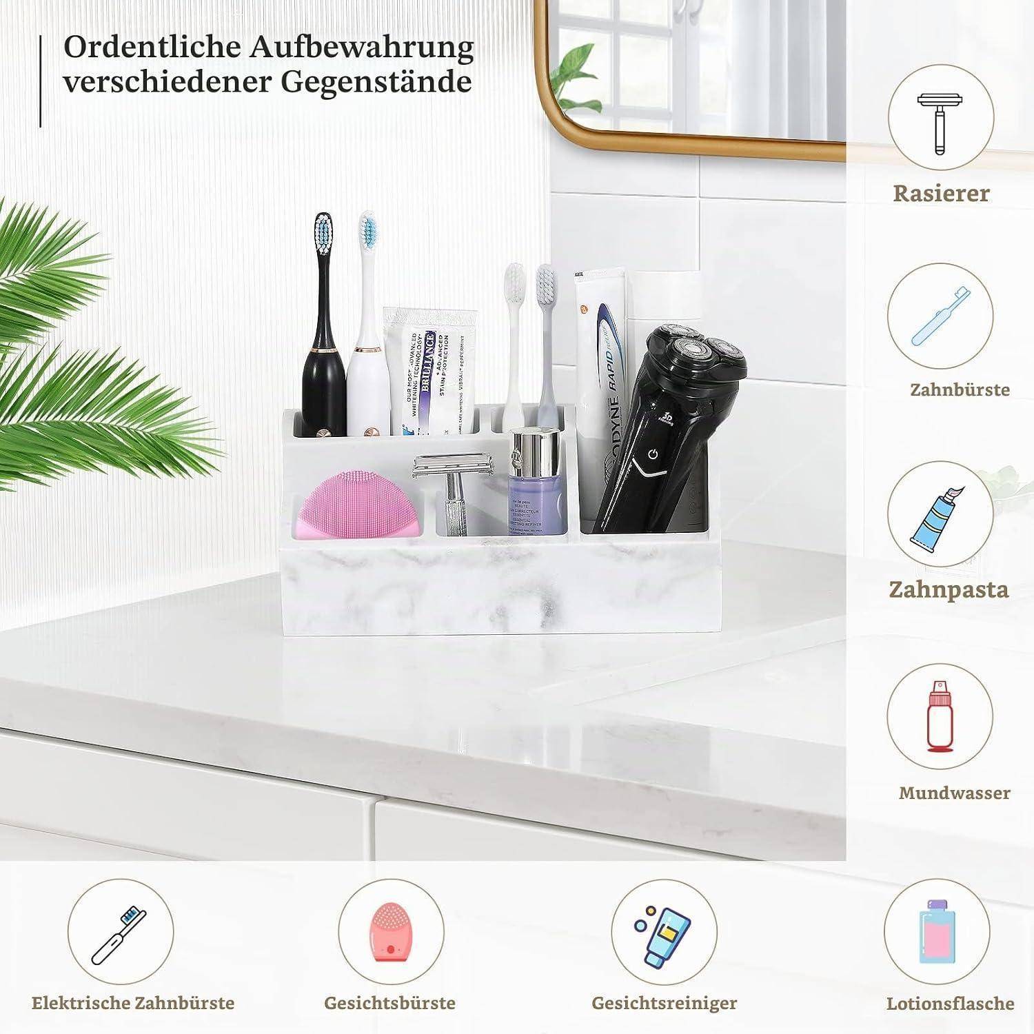 Badezimmer-Arbeitsplatte-Organizer mit Zahnbürsten, Rasierer, Zahnpasta, Mundwasser, Gesichtsbürste, Reinigungsmittel und Lotion, mit deutschen Etiketten, die Lagerungszwecke anzeigen.