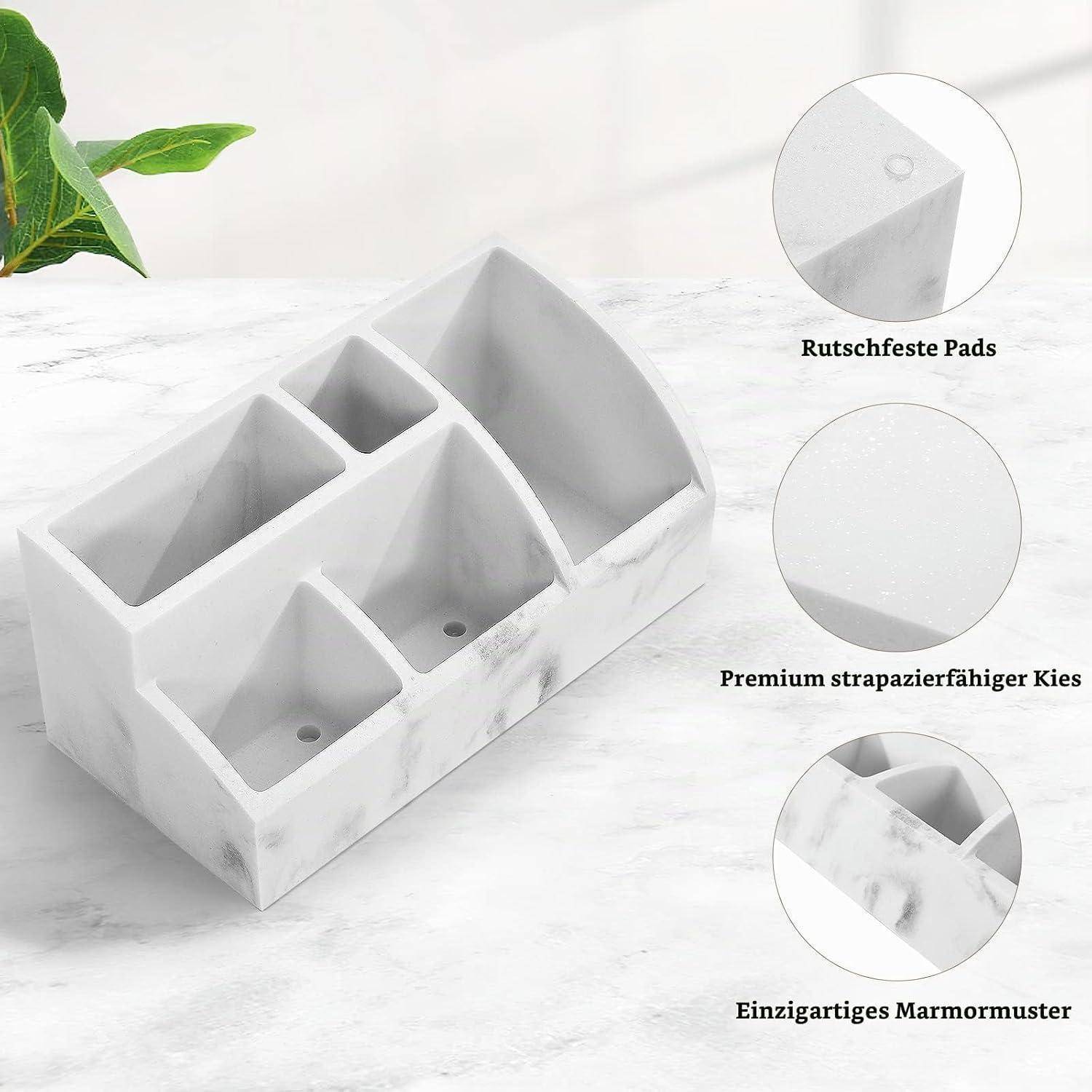 Schreibtisch-Organizer mit Marmoroptik mit vier Fächern, gezeigt mit Hinweisen auf rutschfeste Pads, langlebige Kieseltextur und einzigartiges Marialmuster.