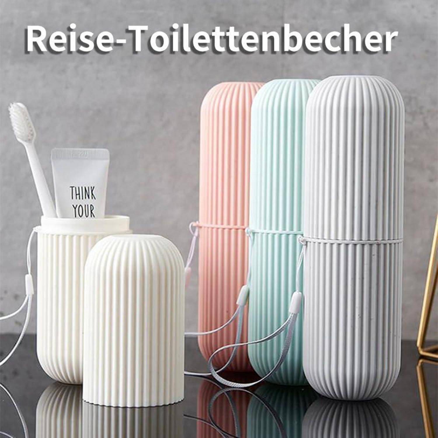 Reise-Toilettenbecher und Zahnbürstenhalter in pastellfarbenen gerippten Zylindern, mit deutschem Text „Reise-Toilettenbecher