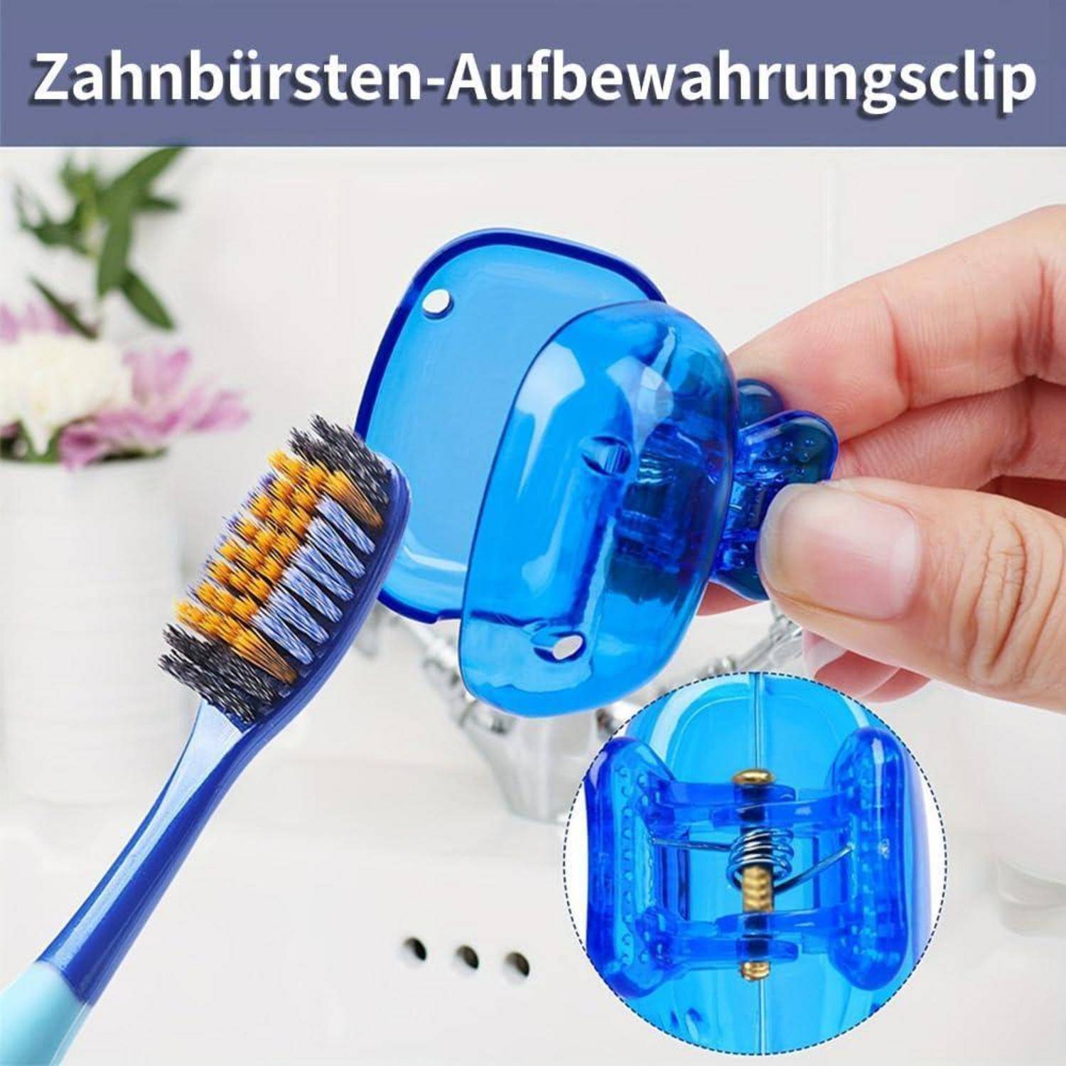 Blauer Kunststoff-Zahnbürsten-Aufbewahrungsclip wird von Hand geöffnet, mit einer eingefügten Zahnbürste; deutscher Text lautet 