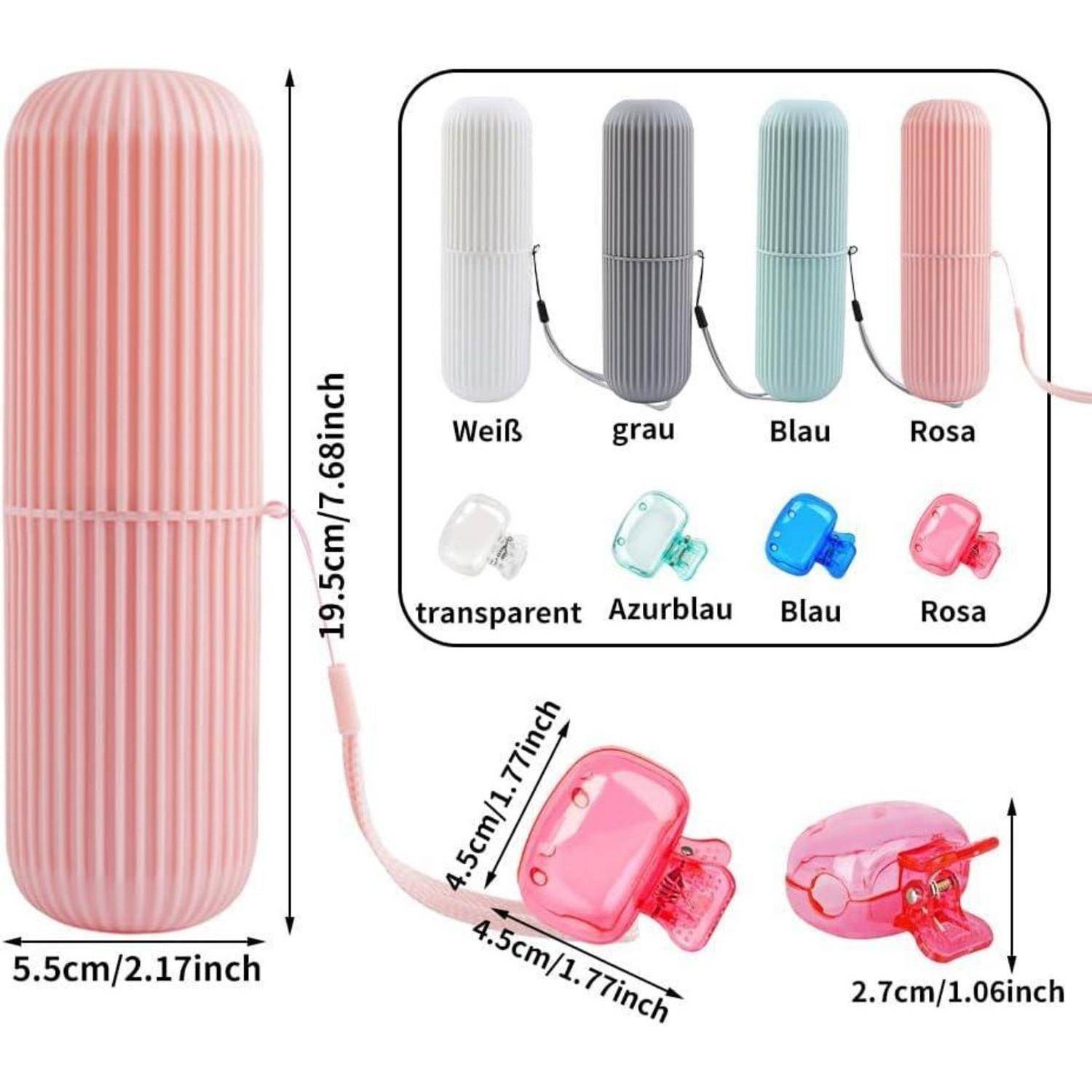 Produktbild eines rosa gerippten zylindrischen Etuis mit Riemen, das die Abmessungen 19,5 x 5,5 cm zeigt und in den Farben Weiß, Grau, Blau, Rosa, Transparent und Himmelblau erhältlich ist.