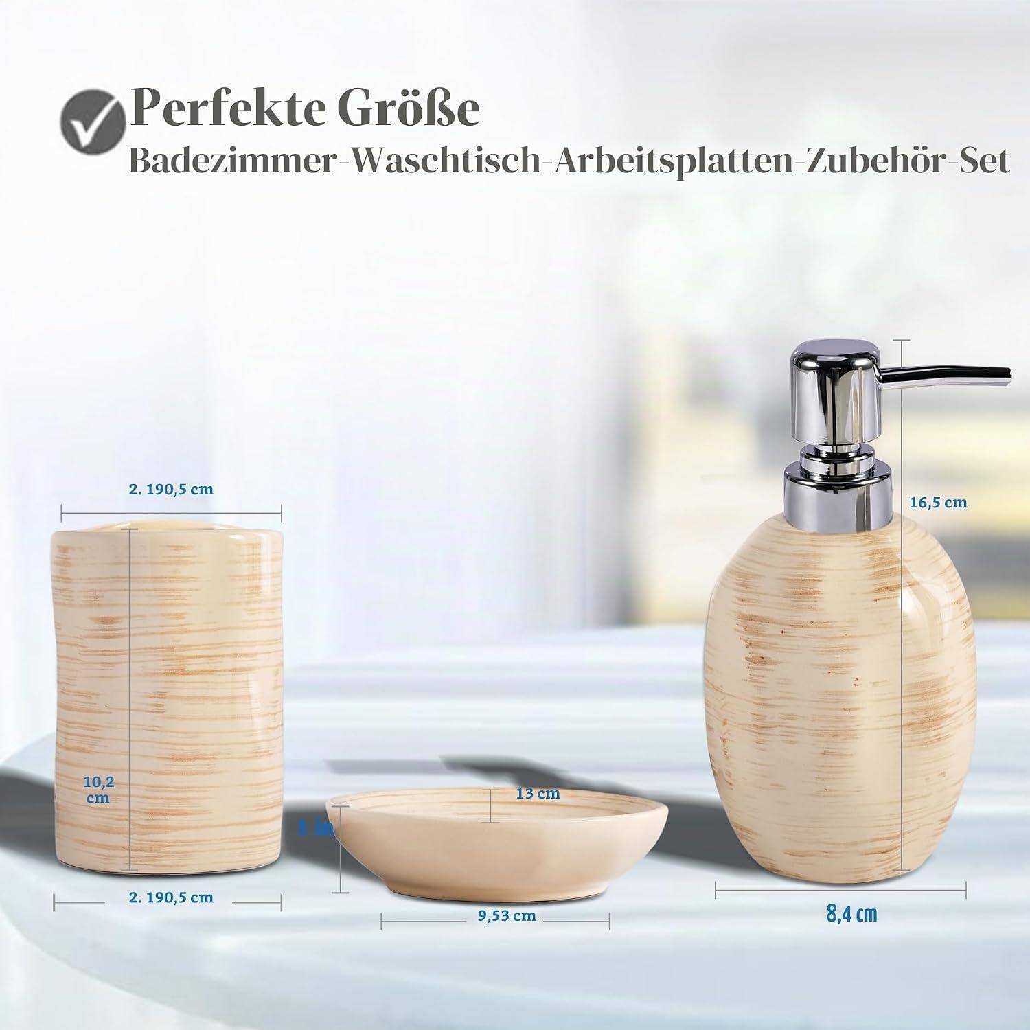 Badezimmer-Arbeitsplatte Zubehörsatz mit drei Teilen in Holzmaserung: ein hohler Zylinder, eine flache Schale und ein Seifenspender, jeweils mit Maßangaben und beschriftet mit „Perfekte Größe