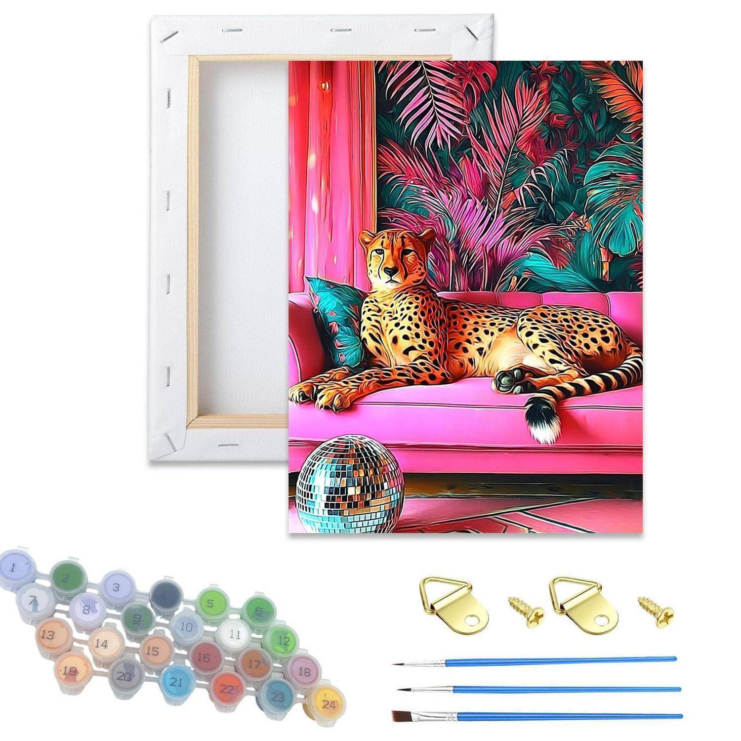 Wandkunst-Leinwand mit einem Leoparden auf einem rosa Sofa, gezeigt mit Aufhängehardware, nummerierten Klebepunkten und Pinseln zur Installation.
