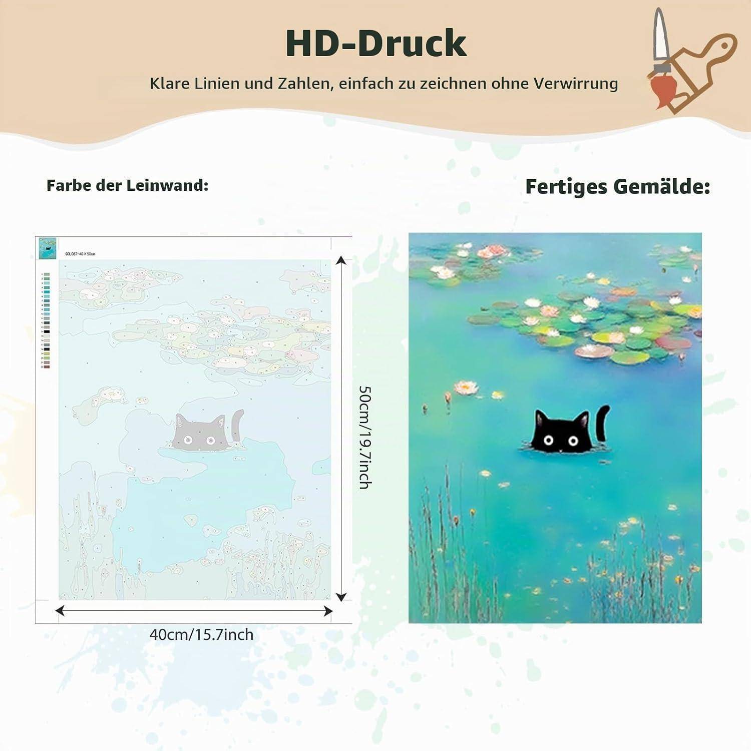 Vergleichende Werbung für ein Diamantbild: Links zeigt die durchnummerierte Leinwand, rechts zeigt das fertige Bild einer schwarzen Katze in blauem Wasser mit Seerosen.