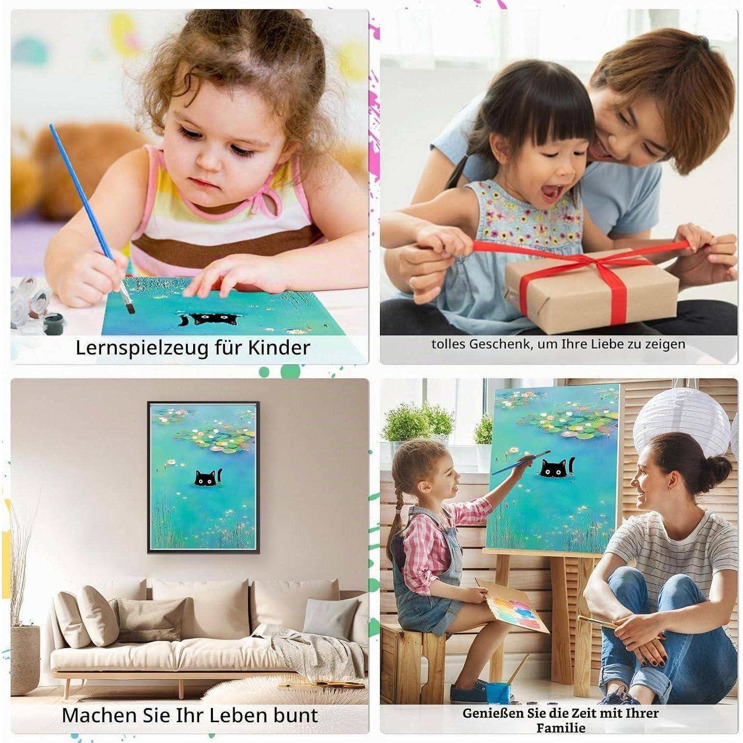 Collage von familiären Kunstaktivitäten und Geschenken: Kinder beim Malen, ein Kind öffnet ein Geschenk mit einem Elternteil, ein farbenfrohes Gemälde im Wohnzimmer und Mutter und Kind malen zusammen.