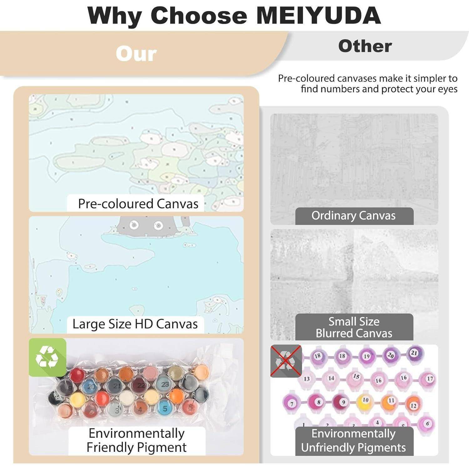 Vergleichsinfografik: MEIYUDA bietet vorgefärbte, große HD-Leinwand und umweltfreundliche Pigmente; andere Leinwände sind schlicht, verschwommen und verwenden umweltschädliche Pigmente.