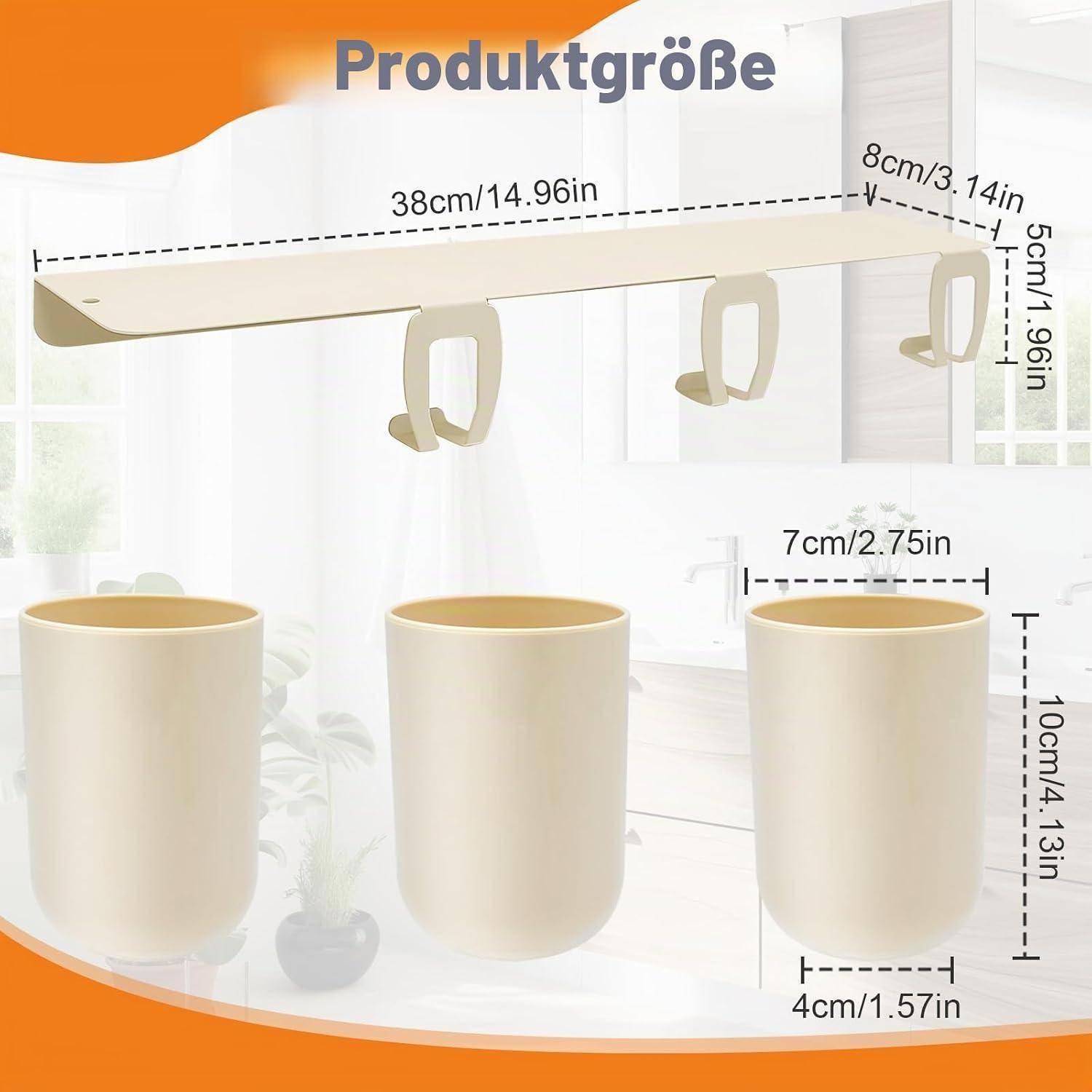 Produktgrößendiagramm für ein wandmontiertes Bechergestell und drei Becher, beschriftet mit 38 cm breit, 8 cm tief, 5 cm hoch; Bechergröße 7 cm Durchmesser und 10 cm hoch.