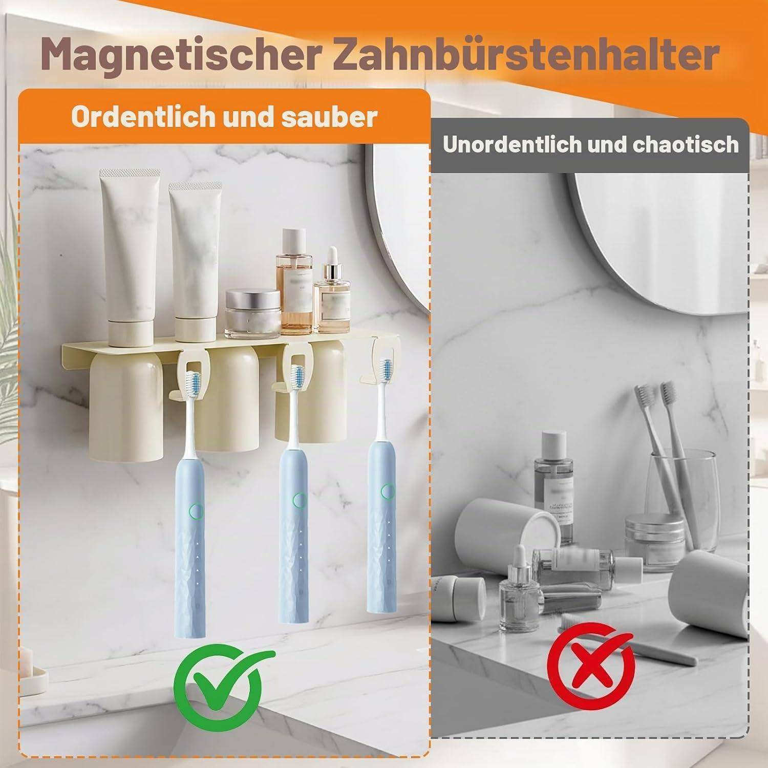Geteiltes Bild, das einen magnetischen Zahnbürstenhalter in einem ordentlichen Badezimmer mit organisierten Toilettenartikeln auf der linken Seite mit einer unordentlichen, unorganisierten Arbeitsplatte auf der rechten Seite vergleicht.