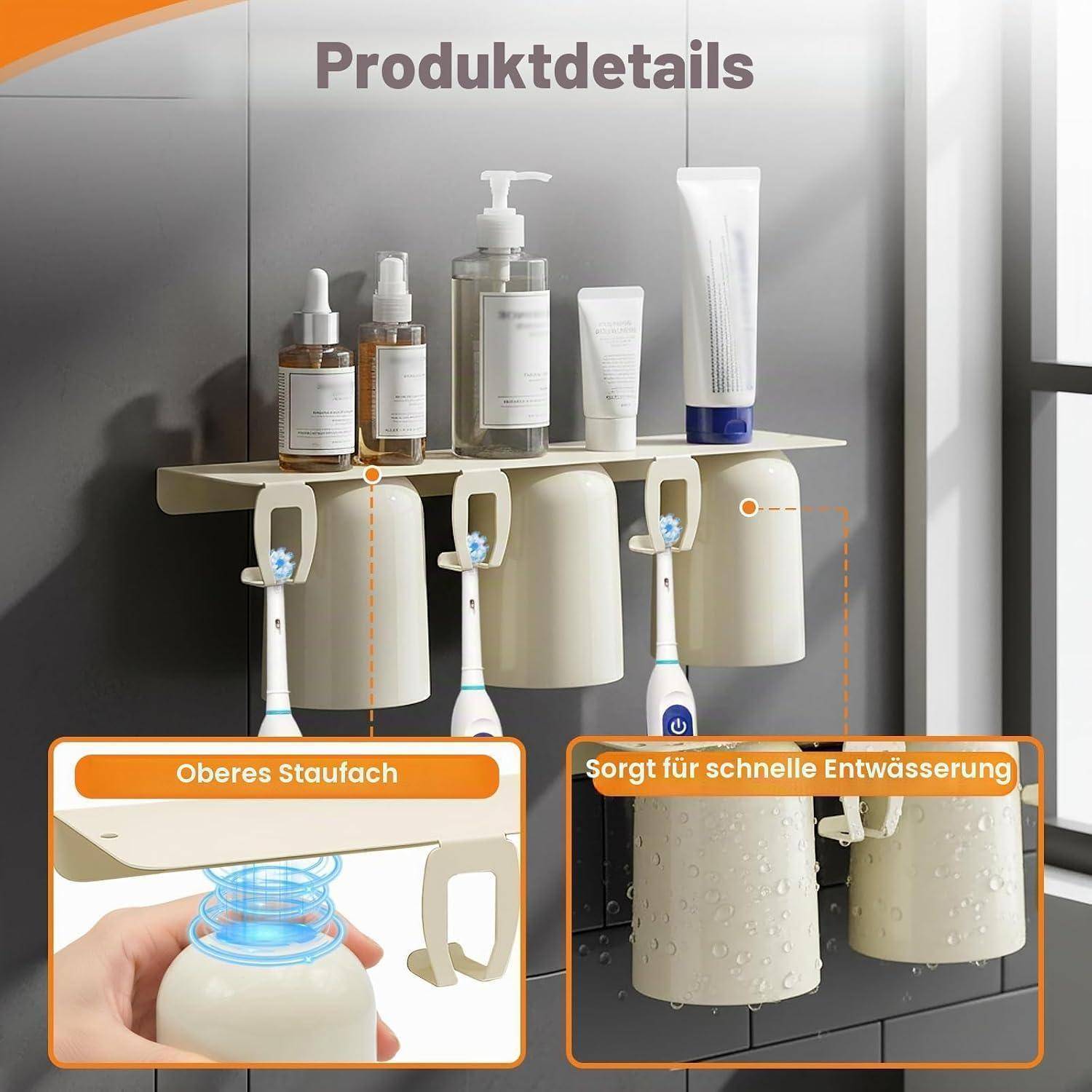 Produktdetailbild, das ein Übertür-Badezimmerregal zeigt, das Toilettenartikelflaschen hält, mit Nahaufnahmen, die die Designmerkmale „Oberes Staufach