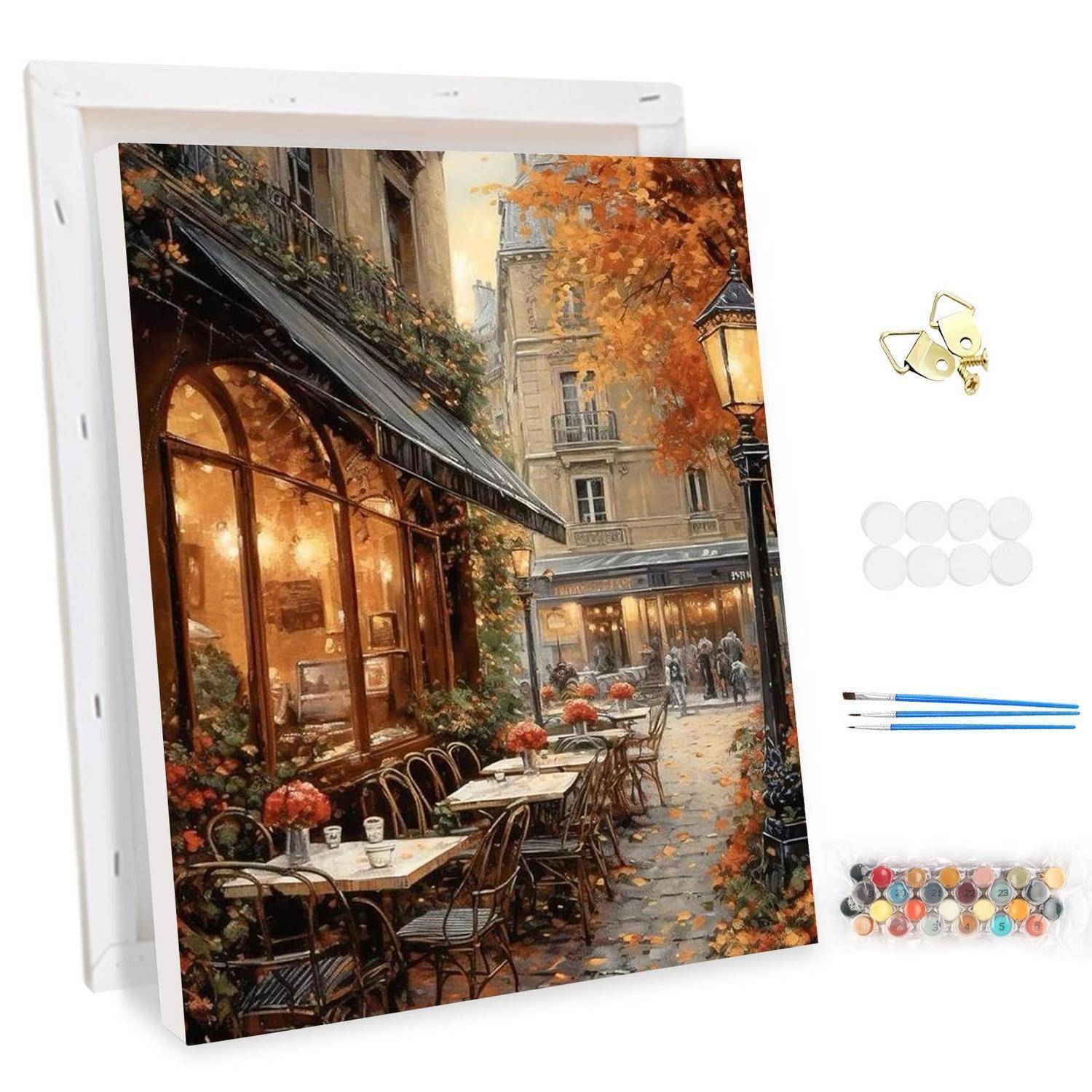 DIY-Leinwand-Wandkunst-Set mit einer Café-Straßenszene, plus Haken, Klebepads, Pinsel und Farbdosen zum Zusammenbau und Anstreichen