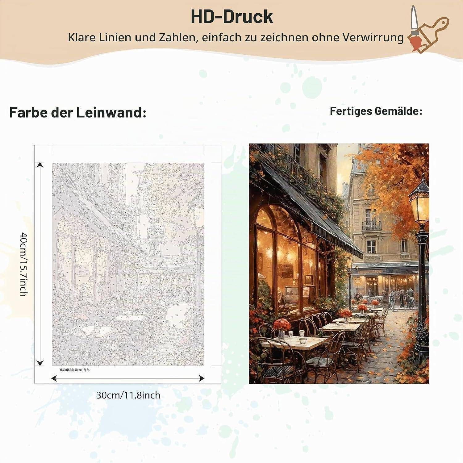 Werbebild für HD-Druck: Leere Malen-nach-Zahlen-Leinwand auf der linken Seite und fertiges Gemälde einer Straßencafé-Szene auf der rechten Seite, beschriftet mit den Abmessungen 40 cm mal 30 cm.