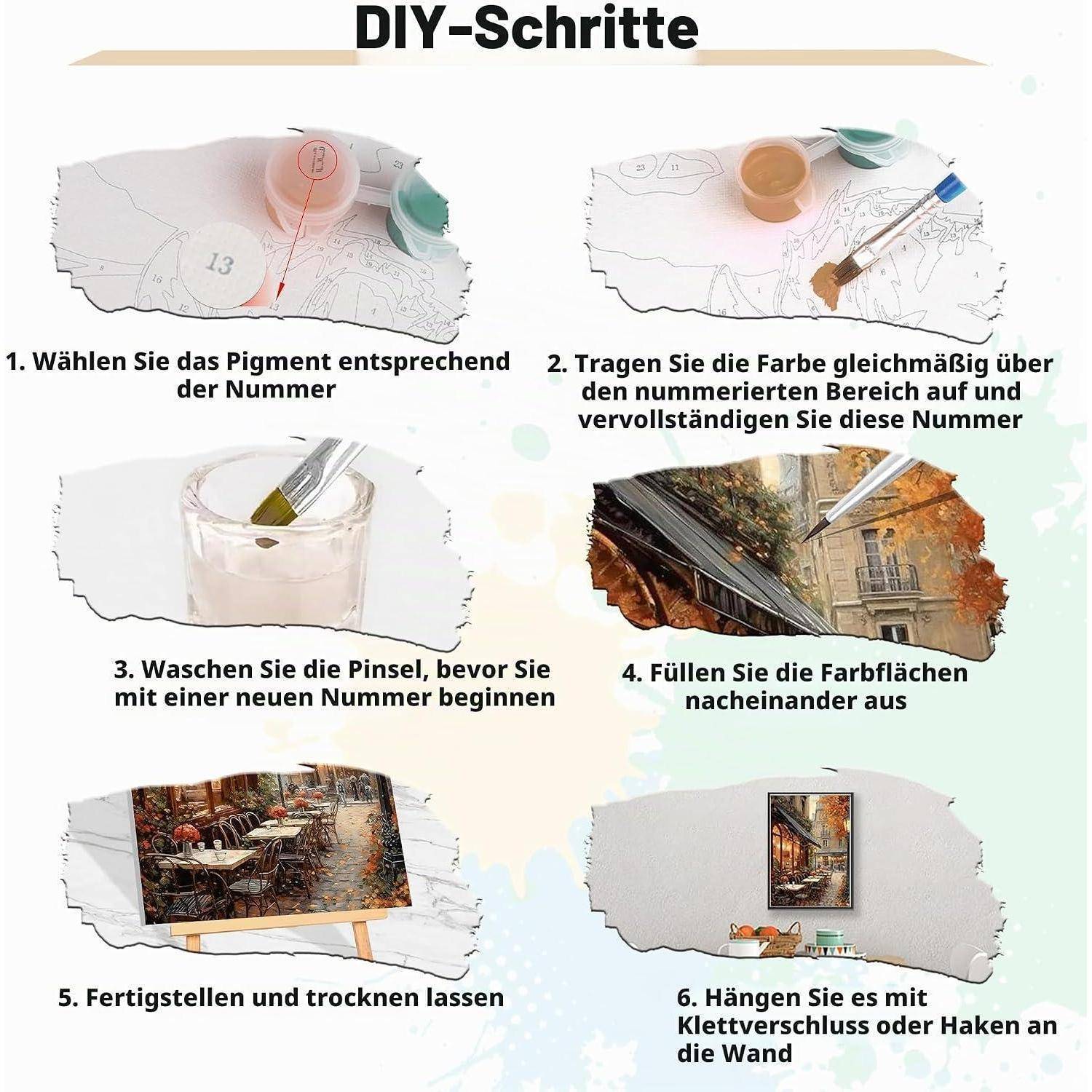 Deutsche DIY-Schritte für Malen nach Zahlen: Wählen Sie das Pigment nach Nummer, bemalen Sie die nummerierten Bereiche, spülen Sie die Pinsel, füllen Sie die Abschnitte, vervollständigen Sie das Werk und lassen Sie es trocknen, dann hängen Sie es an die Wand.