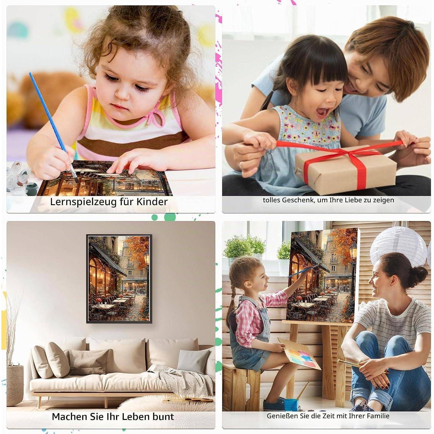 Collage aus vier Lifestyle-Szenen mit deutschen Untertiteln: Kinder malen und öffnen ein Geschenk, und eine gerahmte Stadtlandschaft über einem Sofa in einem Wohnzimmer, mit einer Familie, die gemeinsam Zeit verbringt.