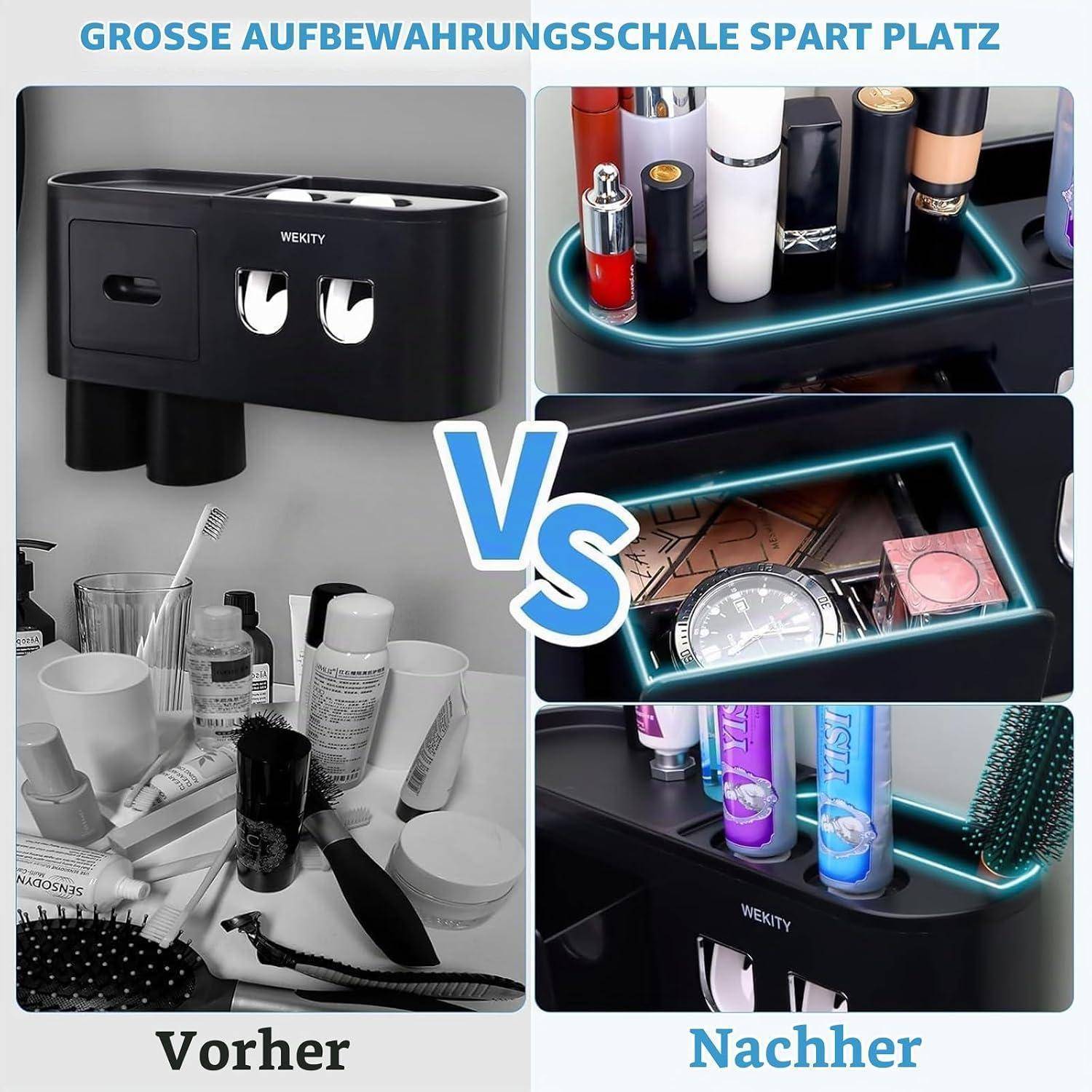 Vorher-und-Nachher-Vergleich eines wandmontierten Regals: unordentliche Badezimmerartikel im Vergleich zu ordentlich organisierten Kosmetika und Toilettenartikeln im Regal.