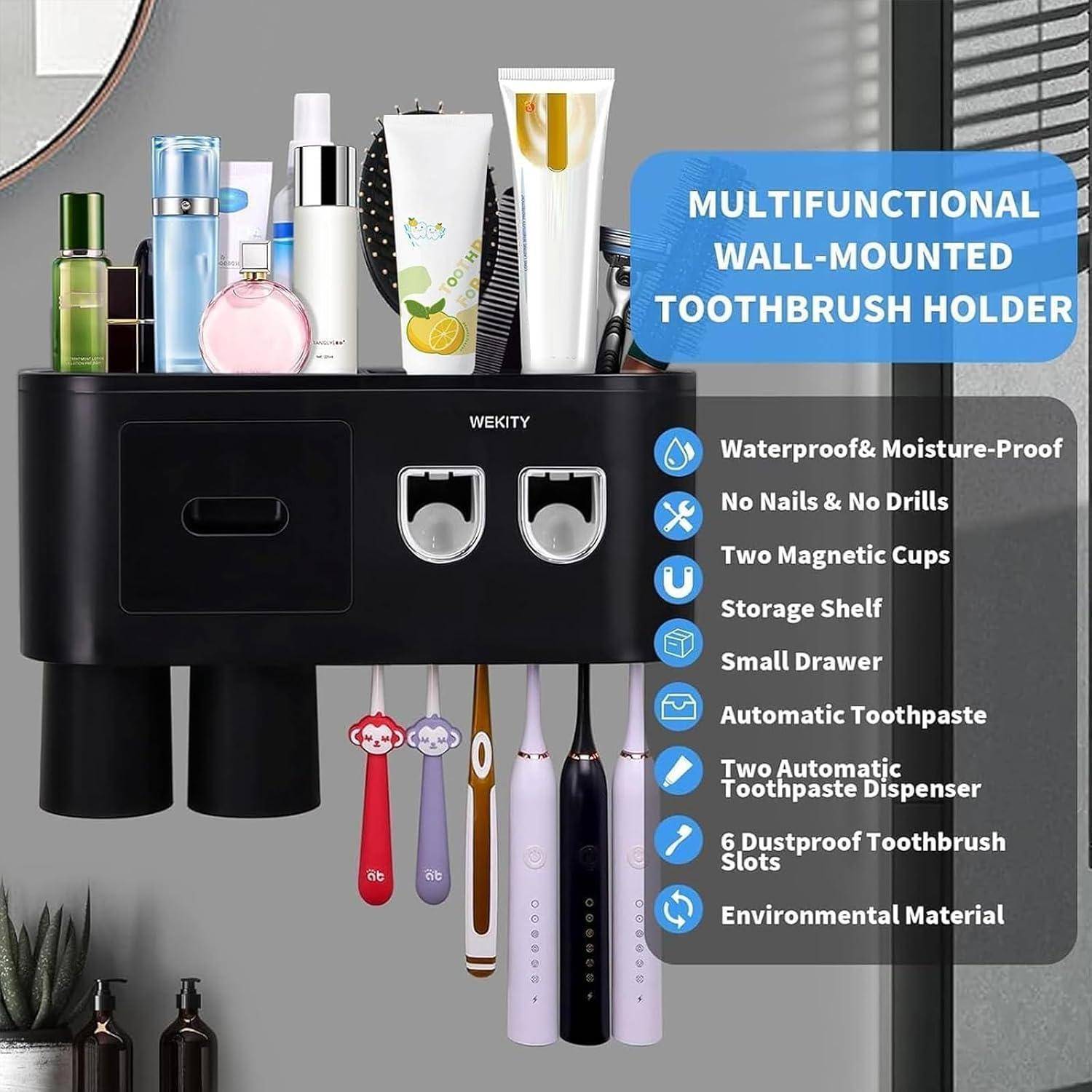 Multifunktionaler, an der Wand montierter Zahnbürstenhalter mit Regalfach, Schublade, Magnetbechern, Zahnpastaspender und mehreren Zahnbürsten-Steckplätzen.