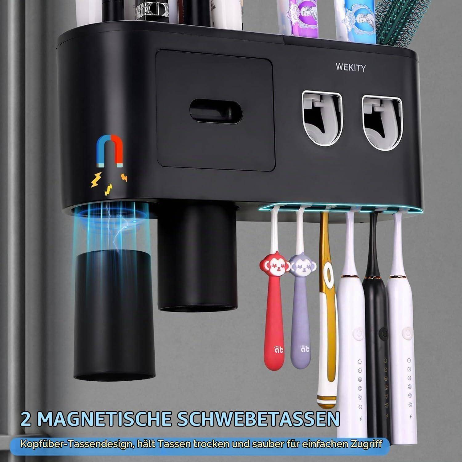 Schwarzer, an der Wand montierter WEKITY-Zahnbürstenhalter mit zwei Becherschlitzen, einem Aufbewahrungsfach und sechs hängenden elektrischen Zahnbürsten; deutscher Text bewirbt 2 magnetisch schwebende Becher.