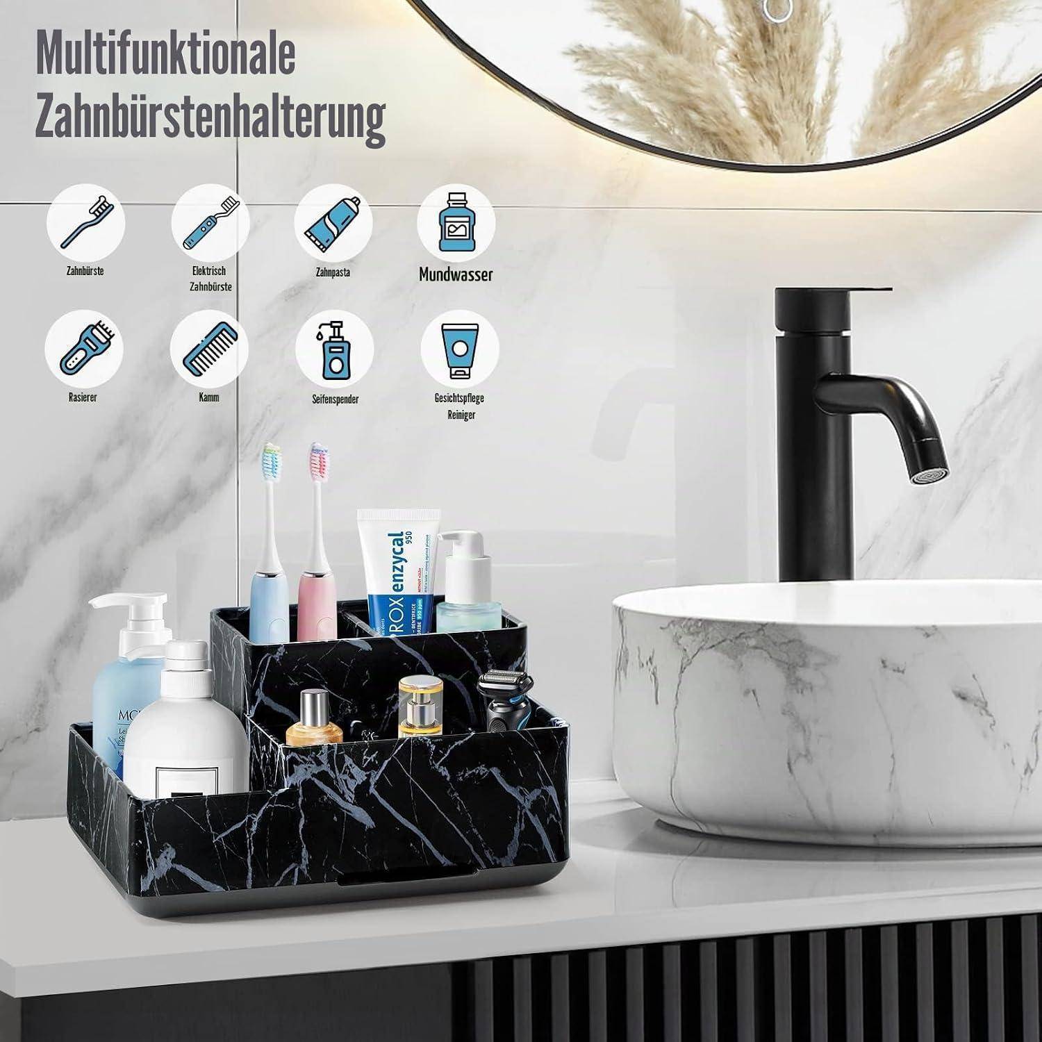 Multifunktionale Zahnbürstenhalterung mit Zahnbürsten, Zahnpasta und Toilettenartikeln neben einem Waschbecken, mit Pflegeanweisungs-Symbolen.