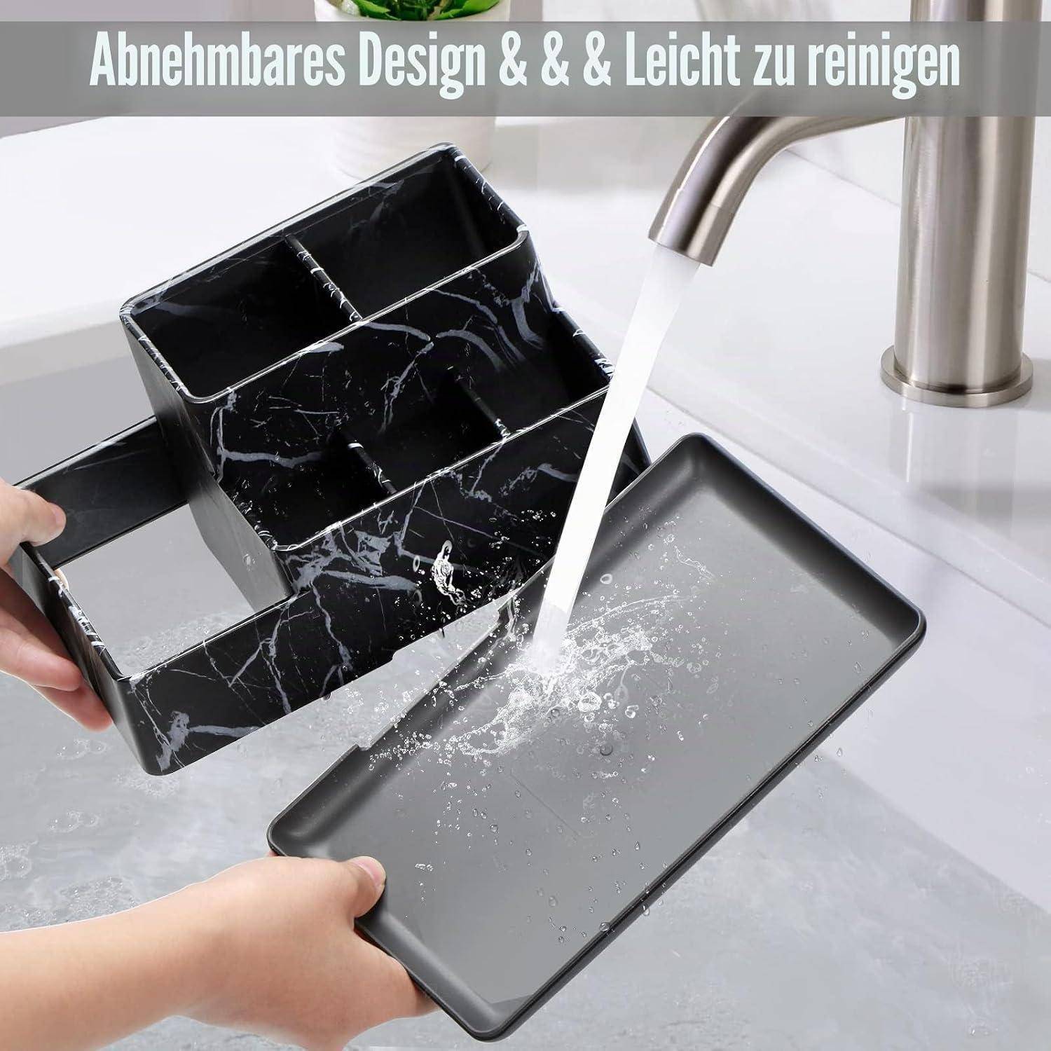 Hände spülen ein schwarzes Geschirrständer- und Tablett-Set mit Marmoroptik unter fließendem Wasser; der Text lautet „Abnehmbares Design & & Leicht zu reinigen
