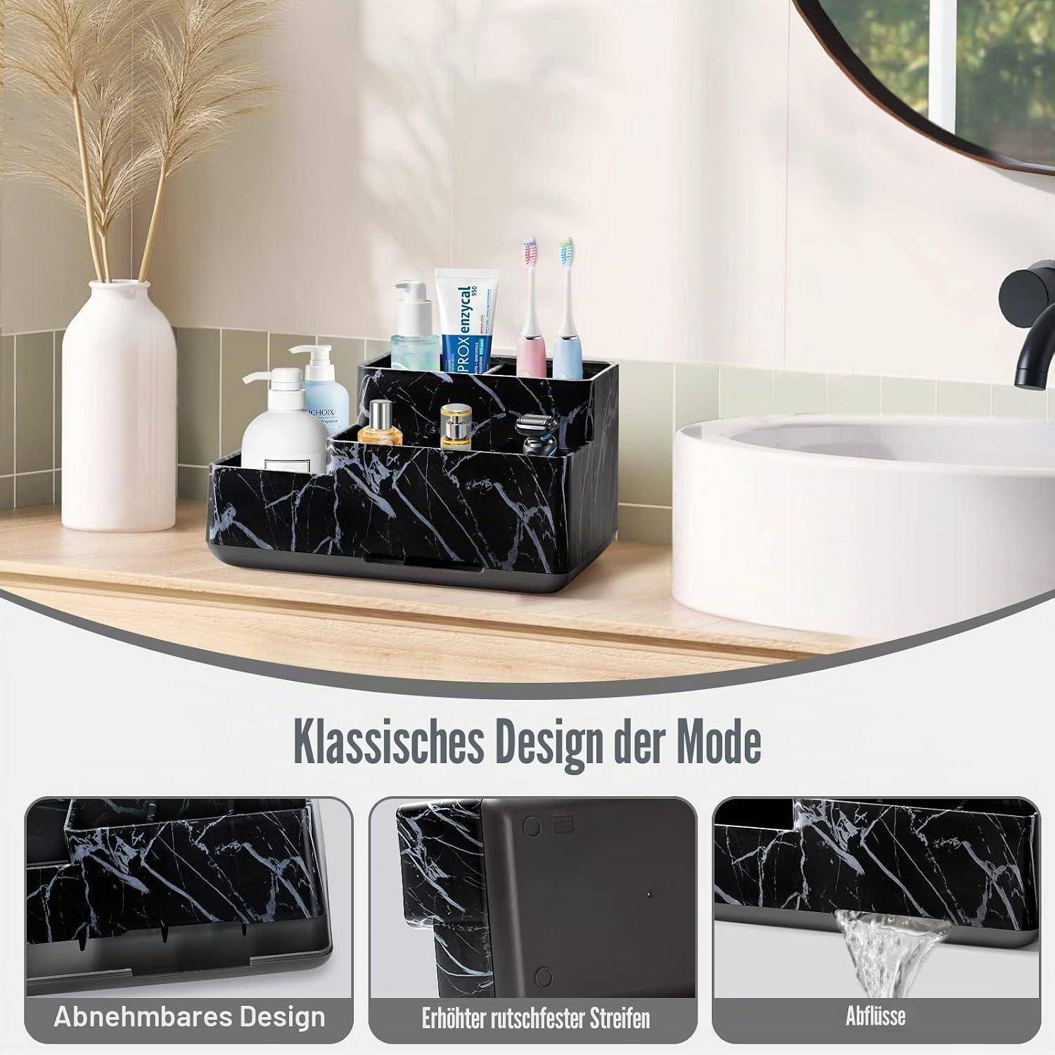 Badezimmer-Vanity-Organizer mit schwarzer Marmor-Optik-Ablagefläche zum Aufbewahren von Toilettenartikeln; deutscher Text hebt das abnehmbare Design, die erhabene rutschfeste Leiste und die Drainage hervor.