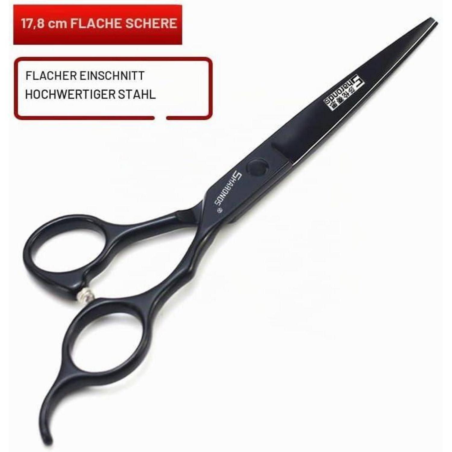 Schwarze 17,8 cm Friseurschere mit flachem Schnitt und deutscher Beschriftung: 'FLACHER EINSCHNITT', 'HOCHWERTIGER STAHL'.