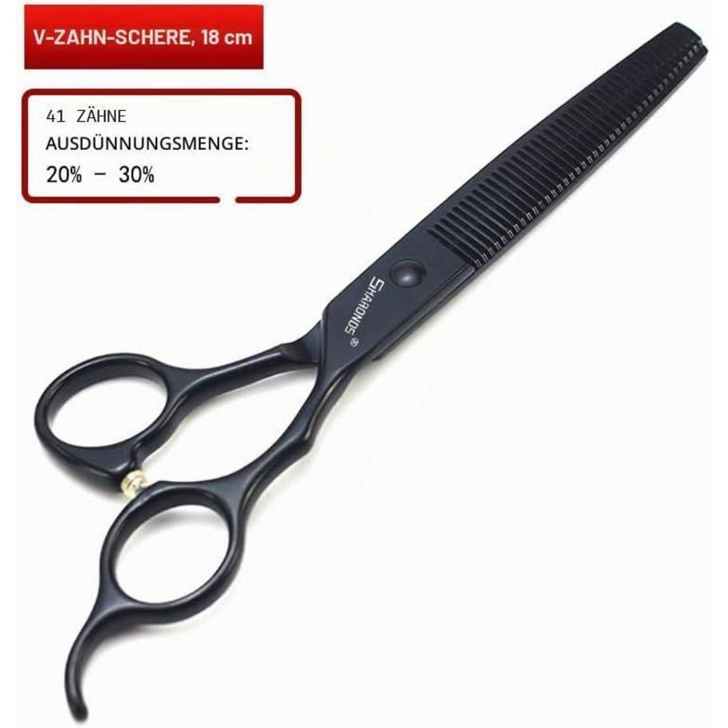 Schwarze V-Zahn-Haarschneideschere mit der Bezeichnung „V-ZAHN-SCHERE, 18 cm" mit 41 Zähnen und Ausdünnungsbereich von 20%-30%.