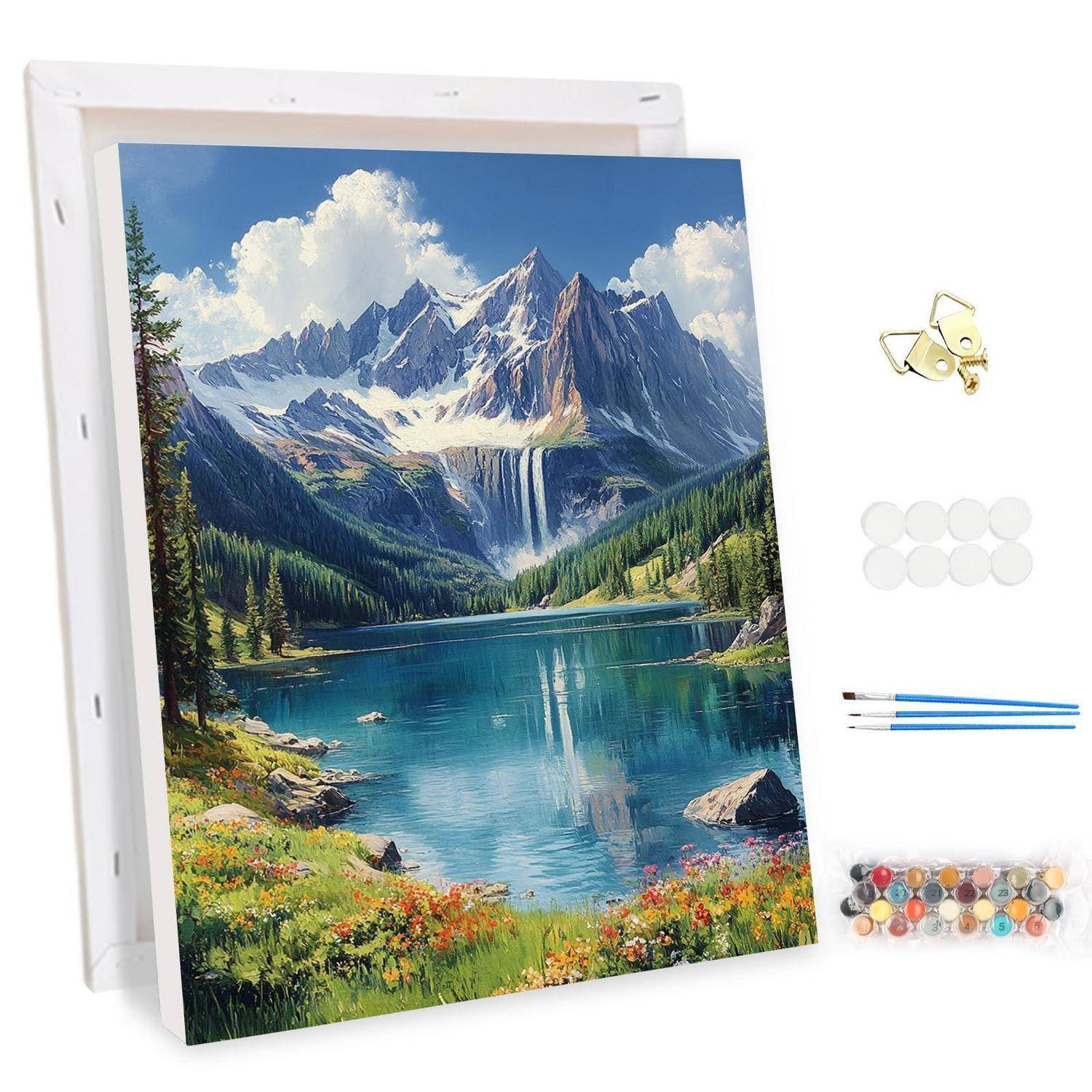 DIY-Malen-nach-Zahlen-Set, das eine Bergseelandschaft auf Leinwand zeigt, mit Farbtöpfen, Pinseln, Klebepunkten und Aufhängehardware daneben.