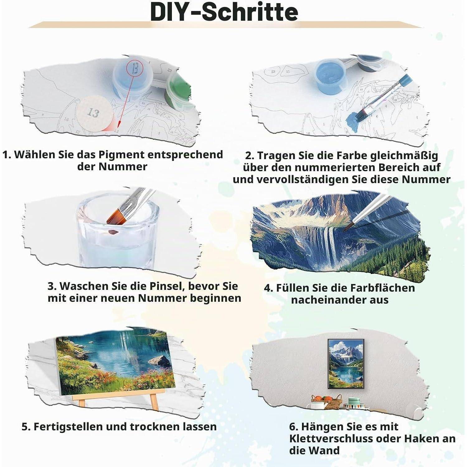 Deutsches DIY für ein Malen-nach-Zahlen-Bild: Wählen Sie die passende Pigmentfarbe aus, malen Sie die nummerierten Bereiche an, spülen Sie die Pinsel ab, füllen Sie die Abschnitte aus, lassen Sie trocknen und hängen Sie das Bild an die Wand.