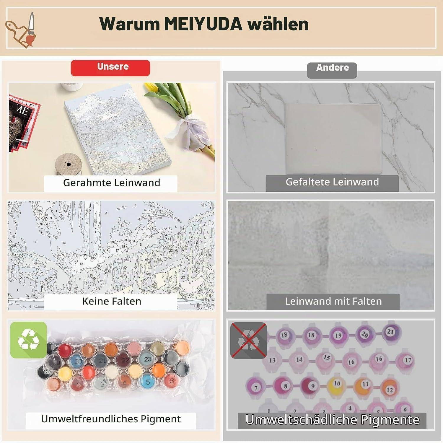 Vergleichsgrafik auf Deutsch: MEIYUDA Leinwand im Rahmen hat keine Falten und umweltfreundliche Pigmente, im Gegensatz zu gefalteter Leinwand und schädlichen Pigmenten anderer.