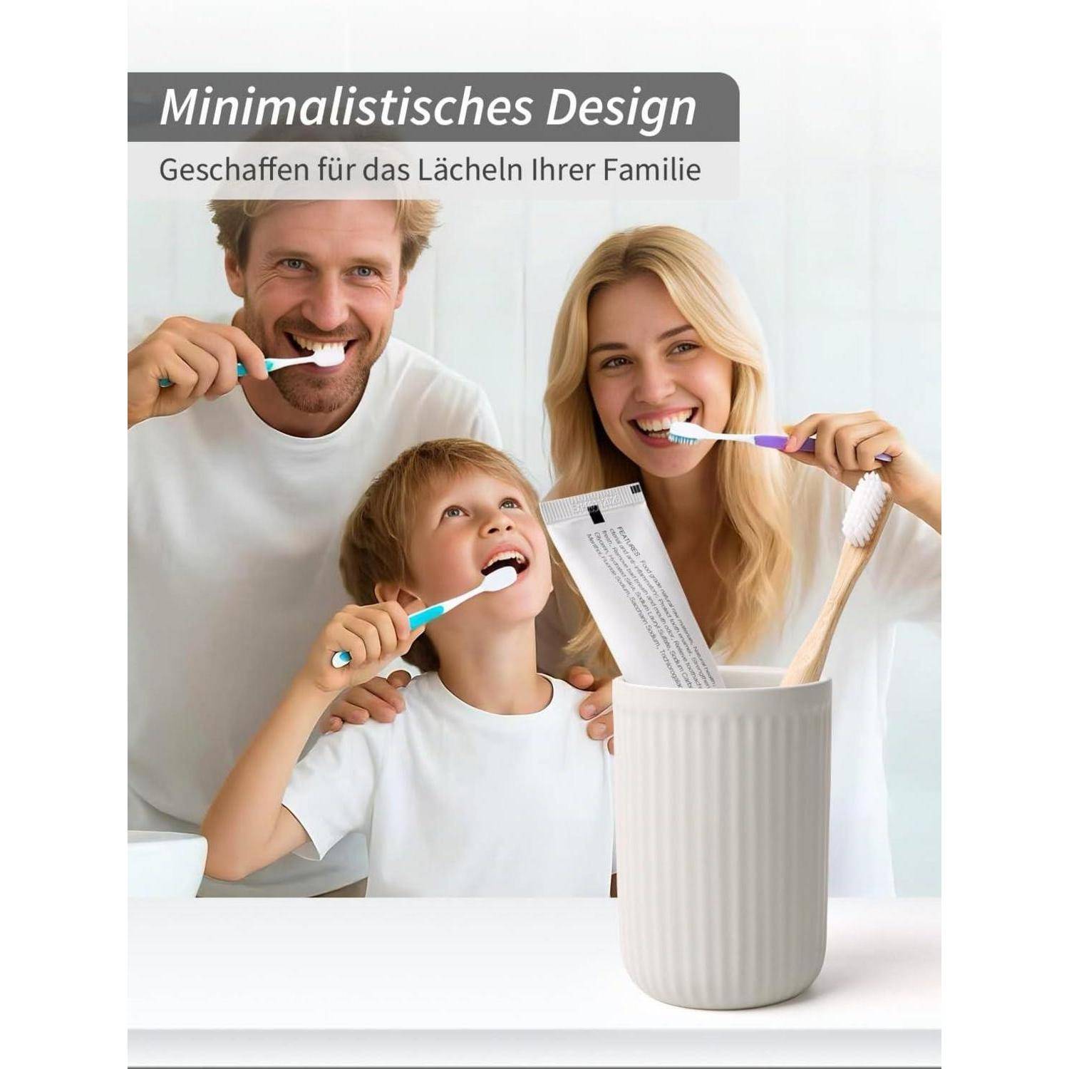Familie von drei Personen putzt sich gemeinsam die Zähne im Badezimmer; deutscher Text lautet „Minimalistisches Design