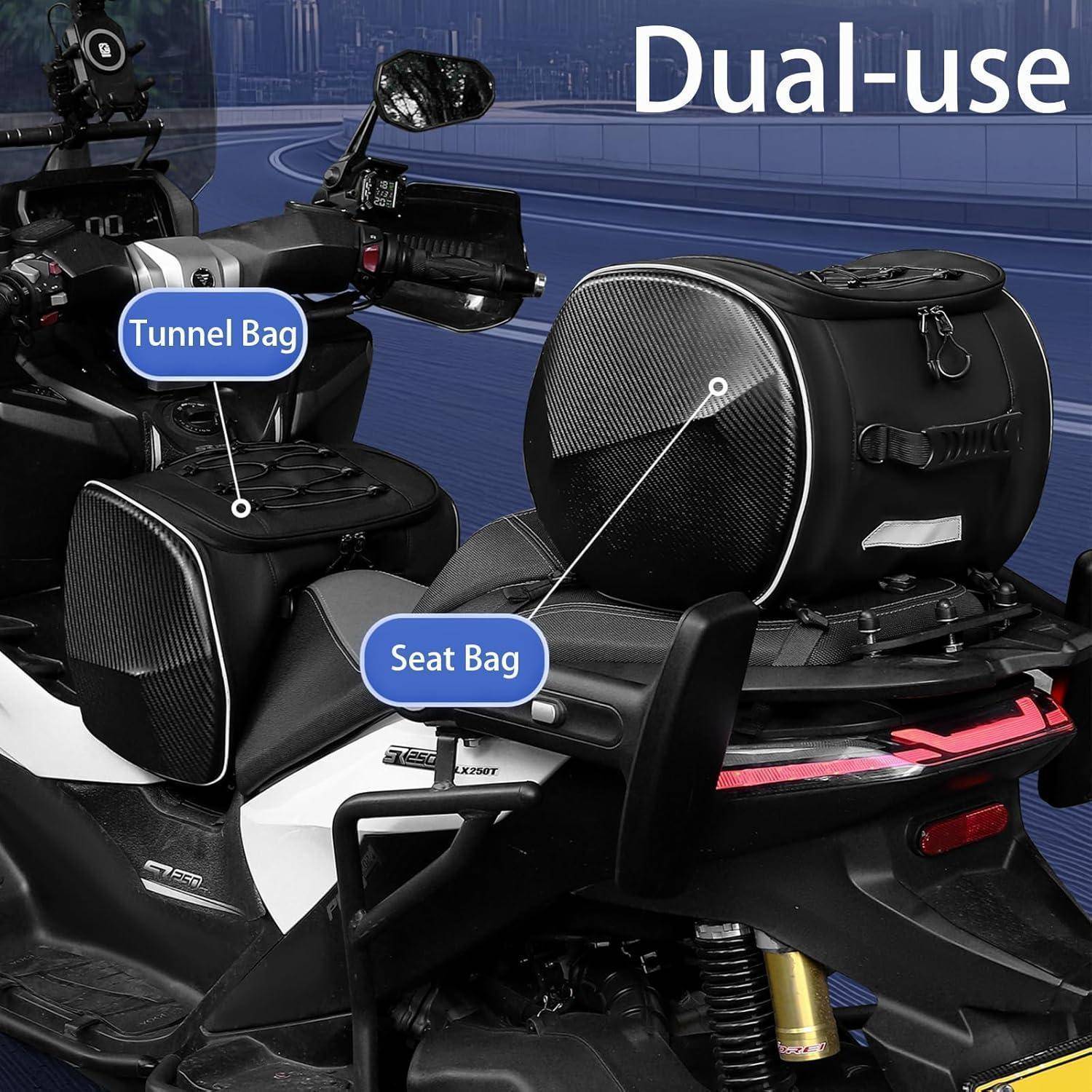 Motorroller mit zwei schwarzen Gepäcktaschen mit der Aufschrift „Tunnel Bag" und „Seat Bag"" als Dual-Use-Speicheroptionen dargestellt.