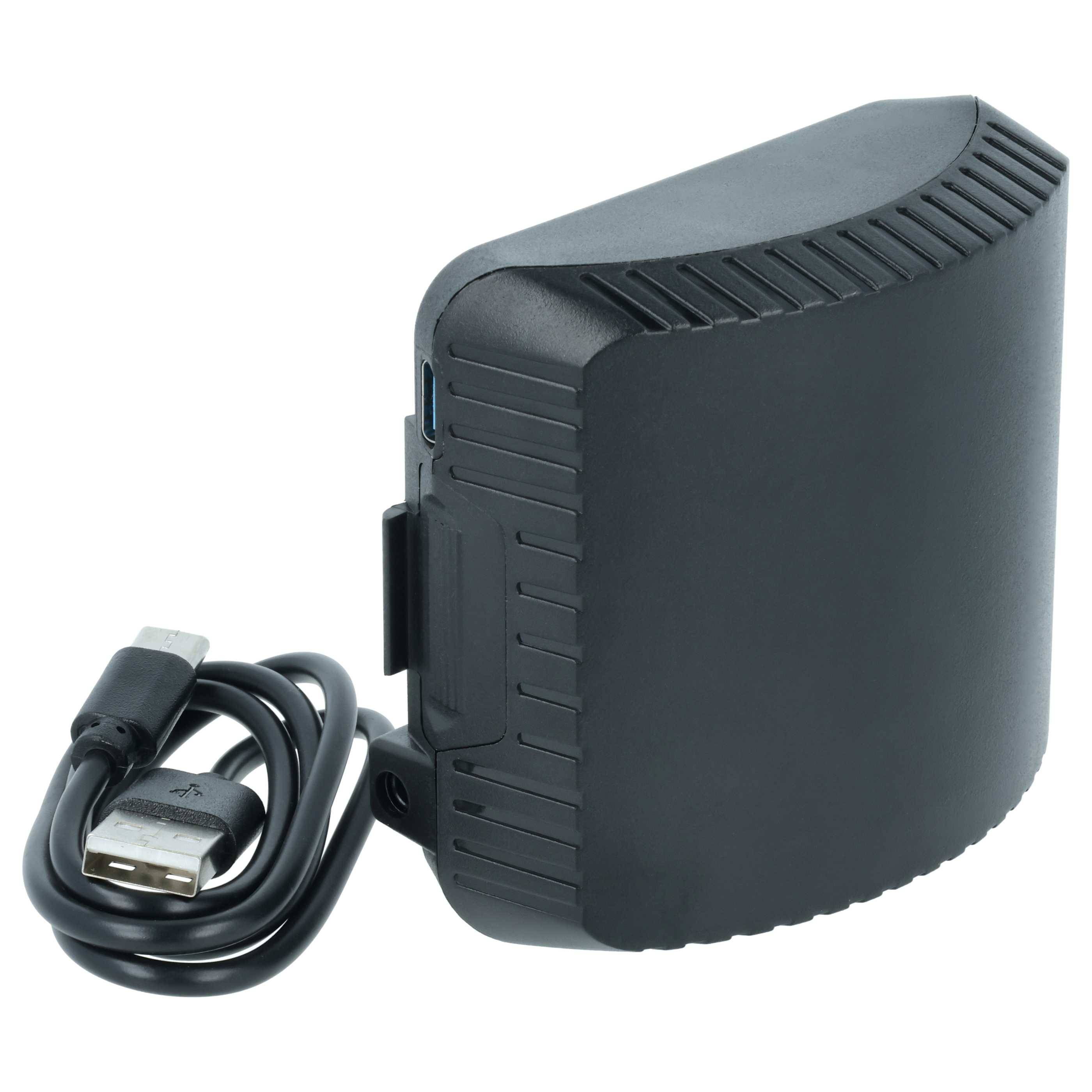Schwarzes externes Batterieeinsatzpaket mit angeschlossenem USB-Ladekabel auf weißem Hintergrund.