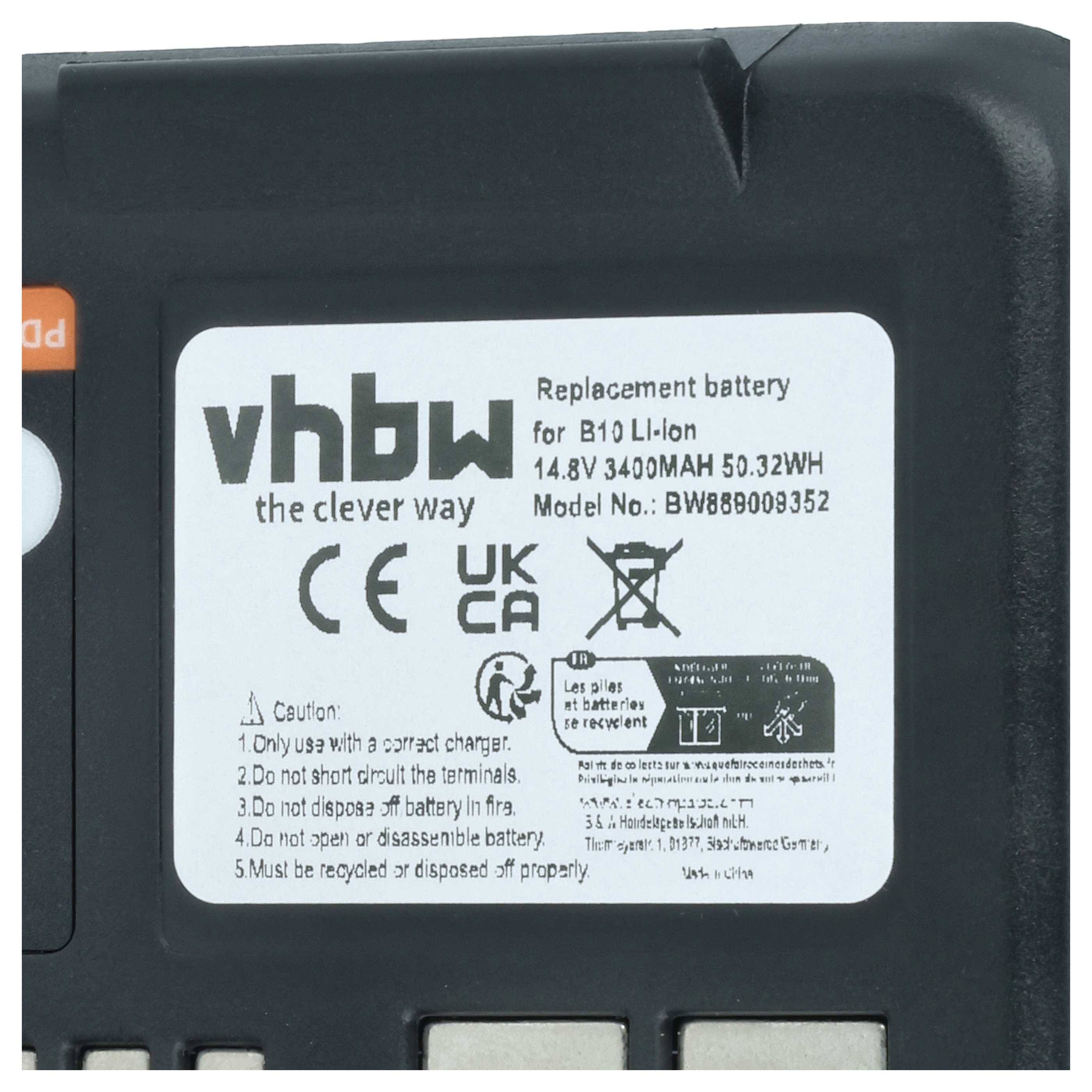 vhbw 'der clevere Weg', für B10 Li-Ionen, 14,8V 3400mAh 50,32Wh, mit Sicherheits- und Recycling-Symbolen.