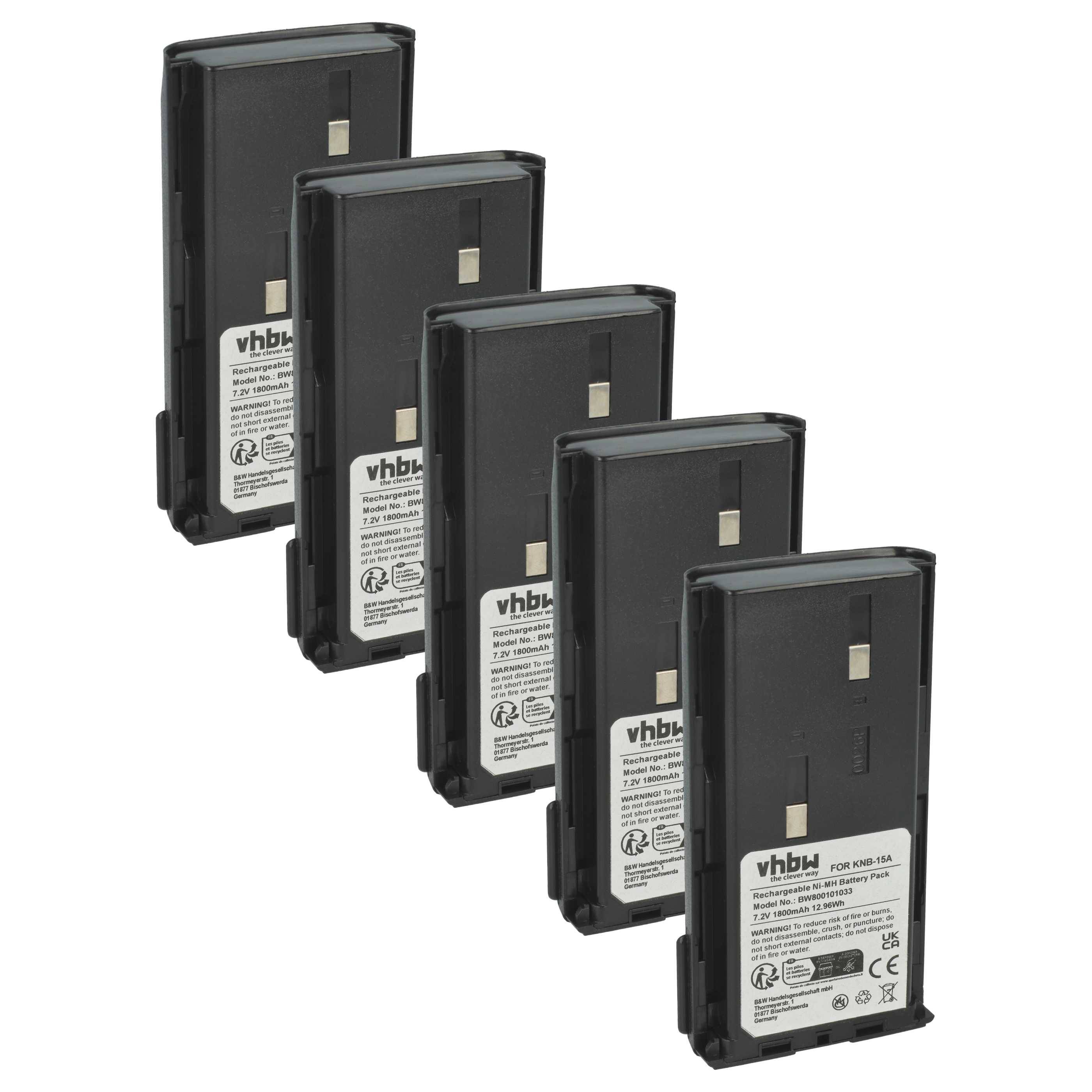 Fünf schwarze wiederaufladbare Batteriepacks diagonal angeordnet, jedes mit einem weißen 
