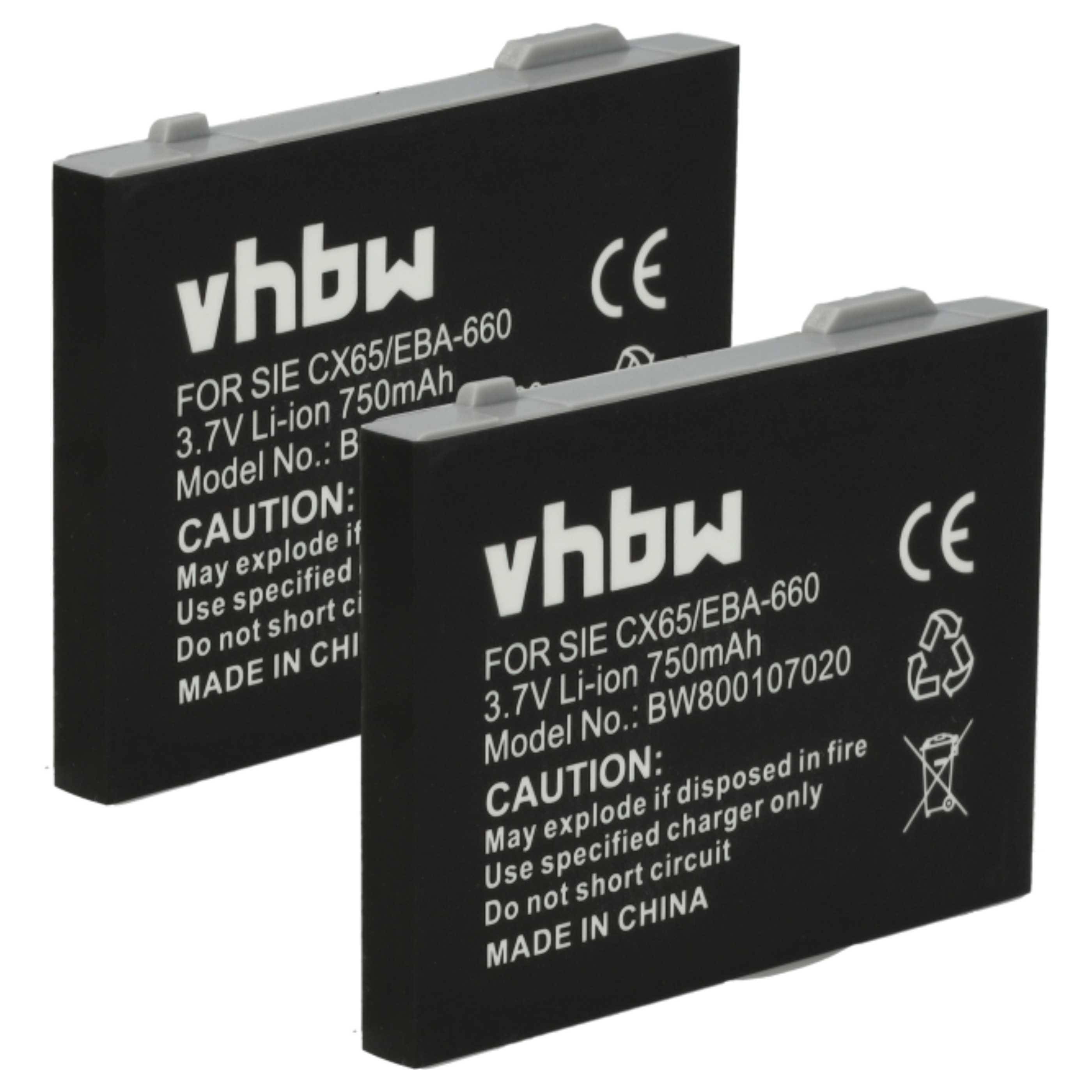 Zwei schwarze vhbw wiederaufladbare Li-Ionen-Kamerabatterien mit Beschriftung für SIE CX65/EBA-660, 3,7V 750mAh, auf weißem Hintergrund abgebildet.